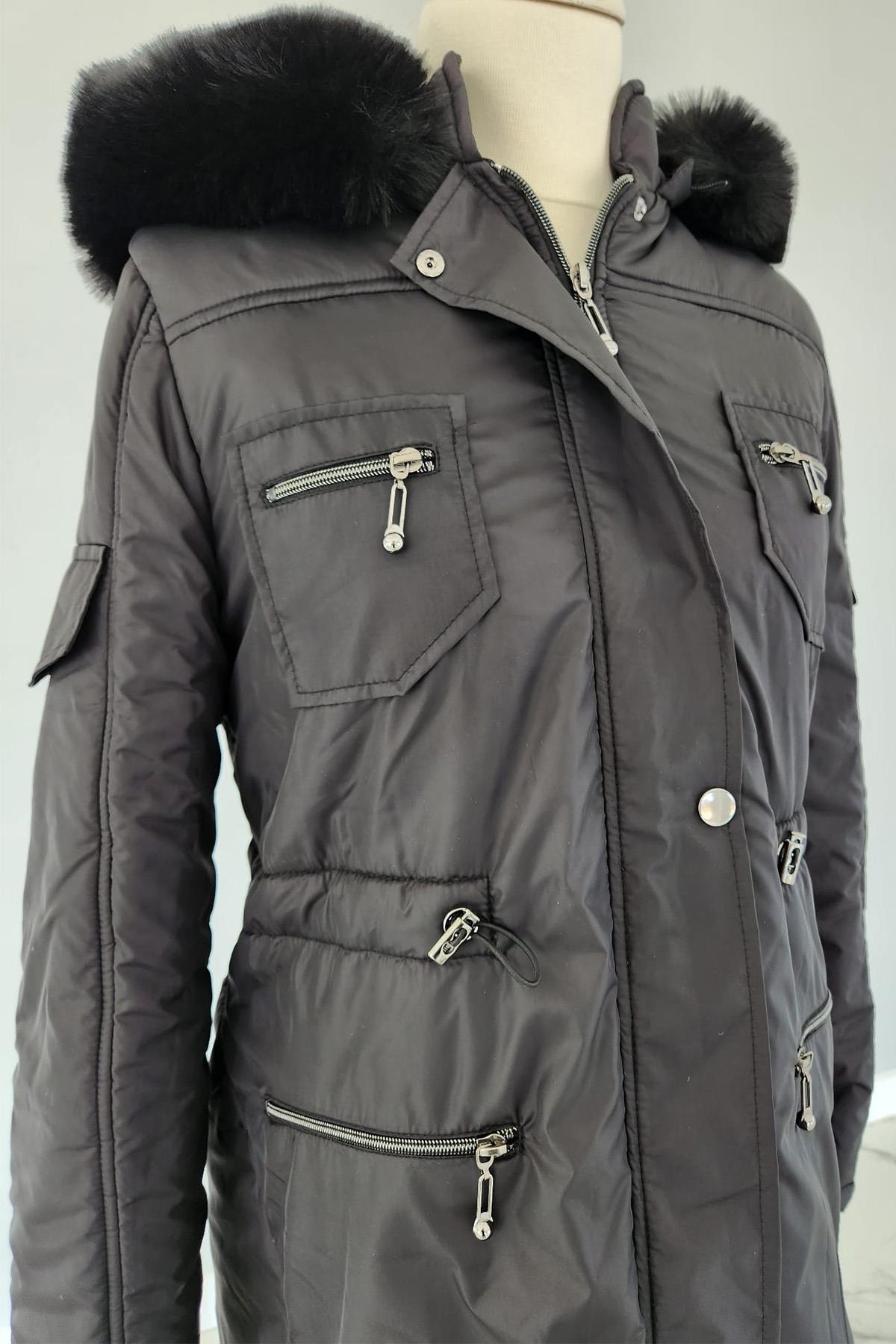 Fermuarlı Kürk Kapüşon Cep Detaylı Mont 17756 Endiva Kaban Siyah