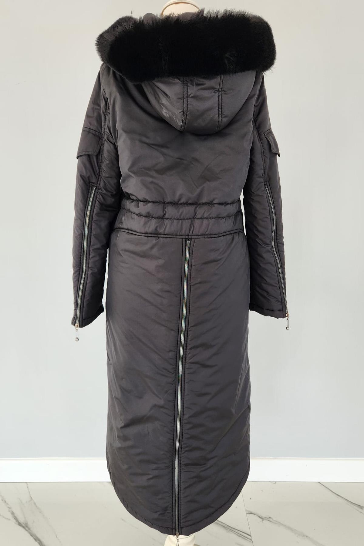 Fermuarlı Kürk Kapüşon Cep Detaylı Mont 17756 Endiva Kaban Siyah