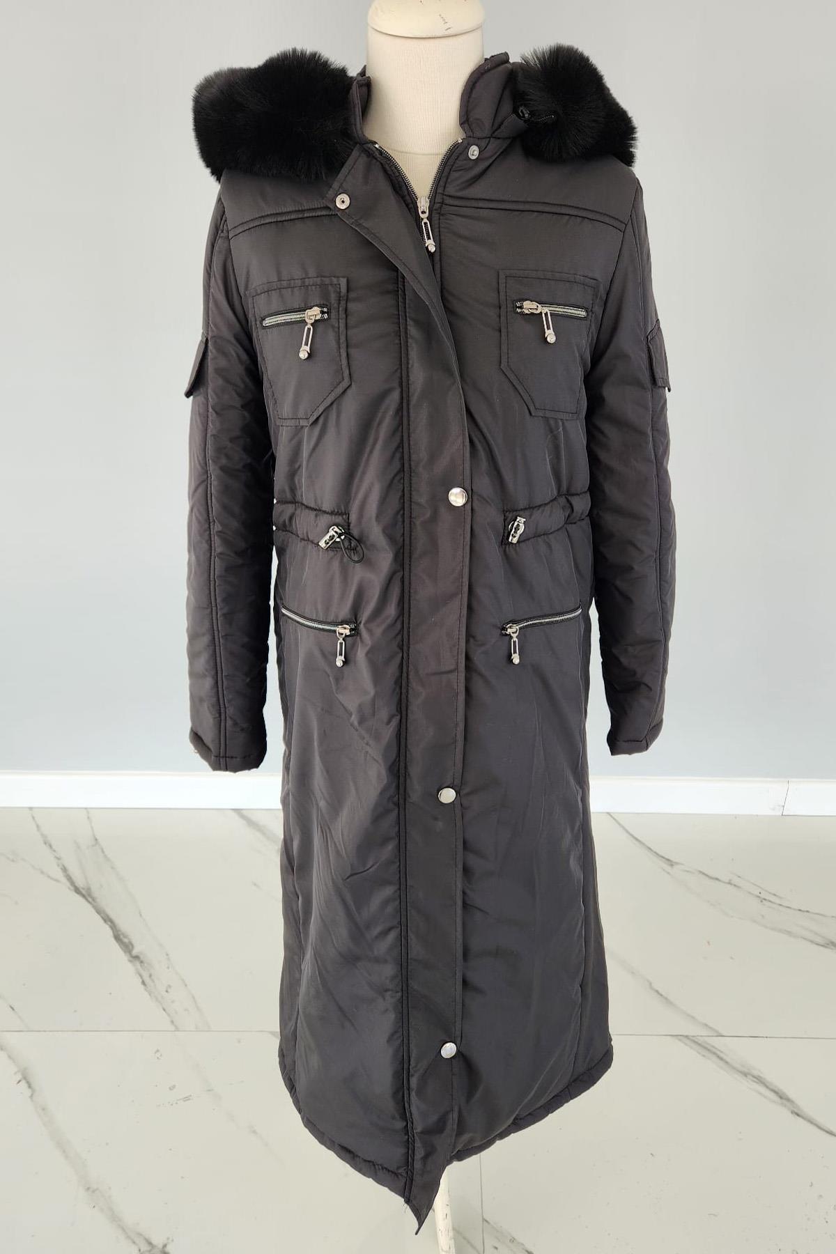 Fermuarlı Kürk Kapüşon Cep Detaylı Mont 17756 Endiva Kaban Siyah