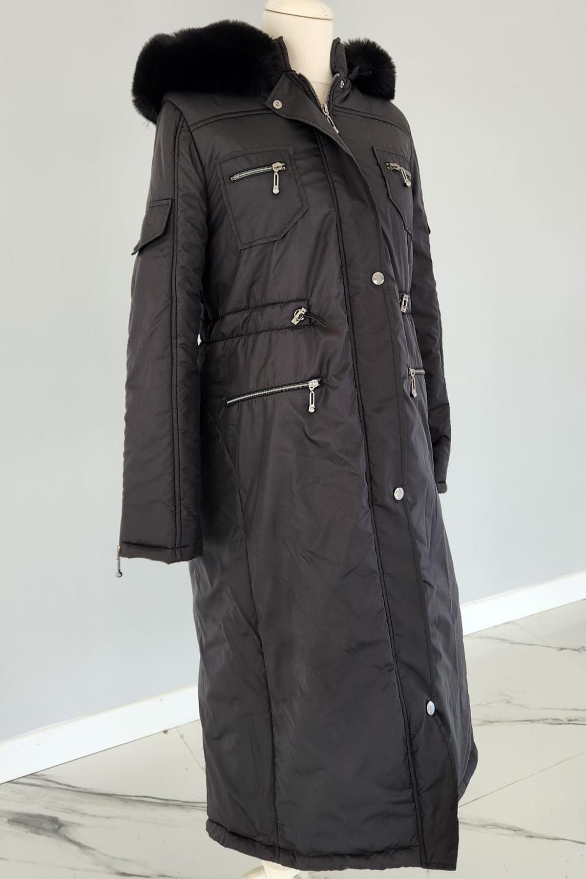 Fermuarlı Kürk Kapüşon Cep Detaylı Mont 17756 Endiva Kaban Siyah