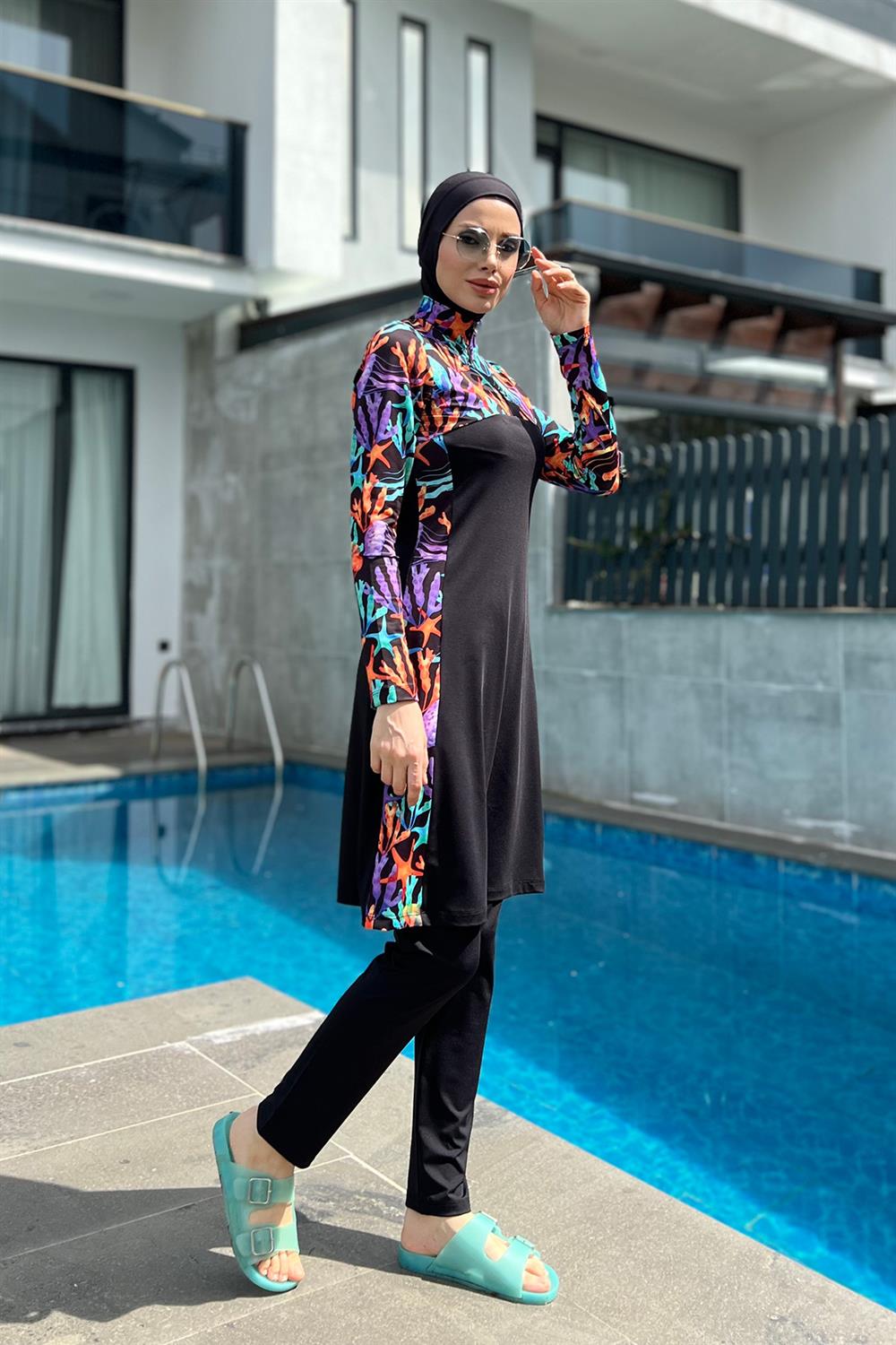 Fermuarlı Likralı Tam Kapalı Tesettür Mayo R077 Mercan