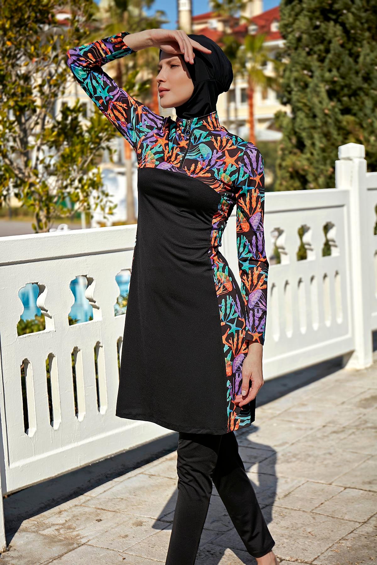 Fermuarlı Likralı Tam Kapalı Tesettür Mayo R077 Mercan