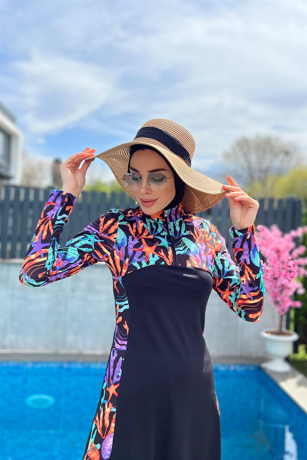 Fermuarlı Likralı Tam Kapalı Tesettür Mayo R077 Mercan
