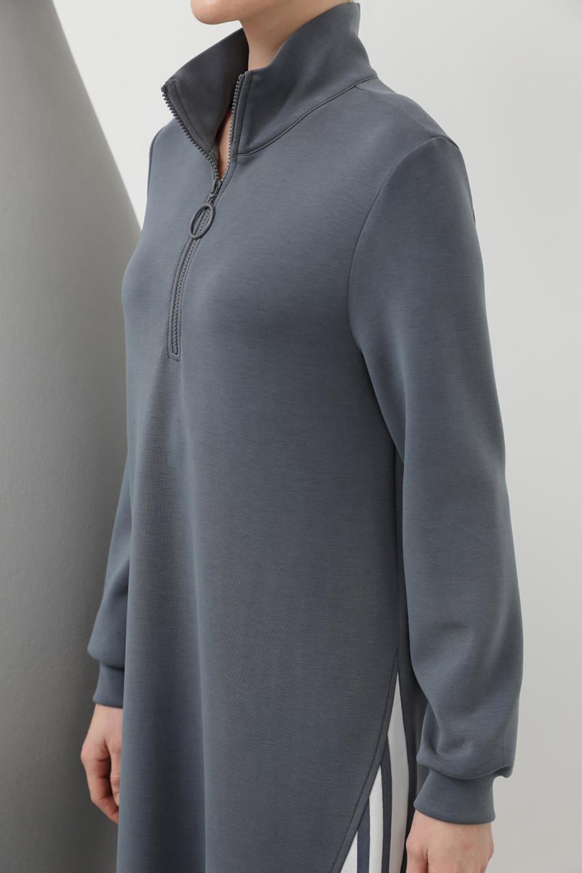 Fermuarlı Şerit Detaylı Modal Elbise 20600 İndigo