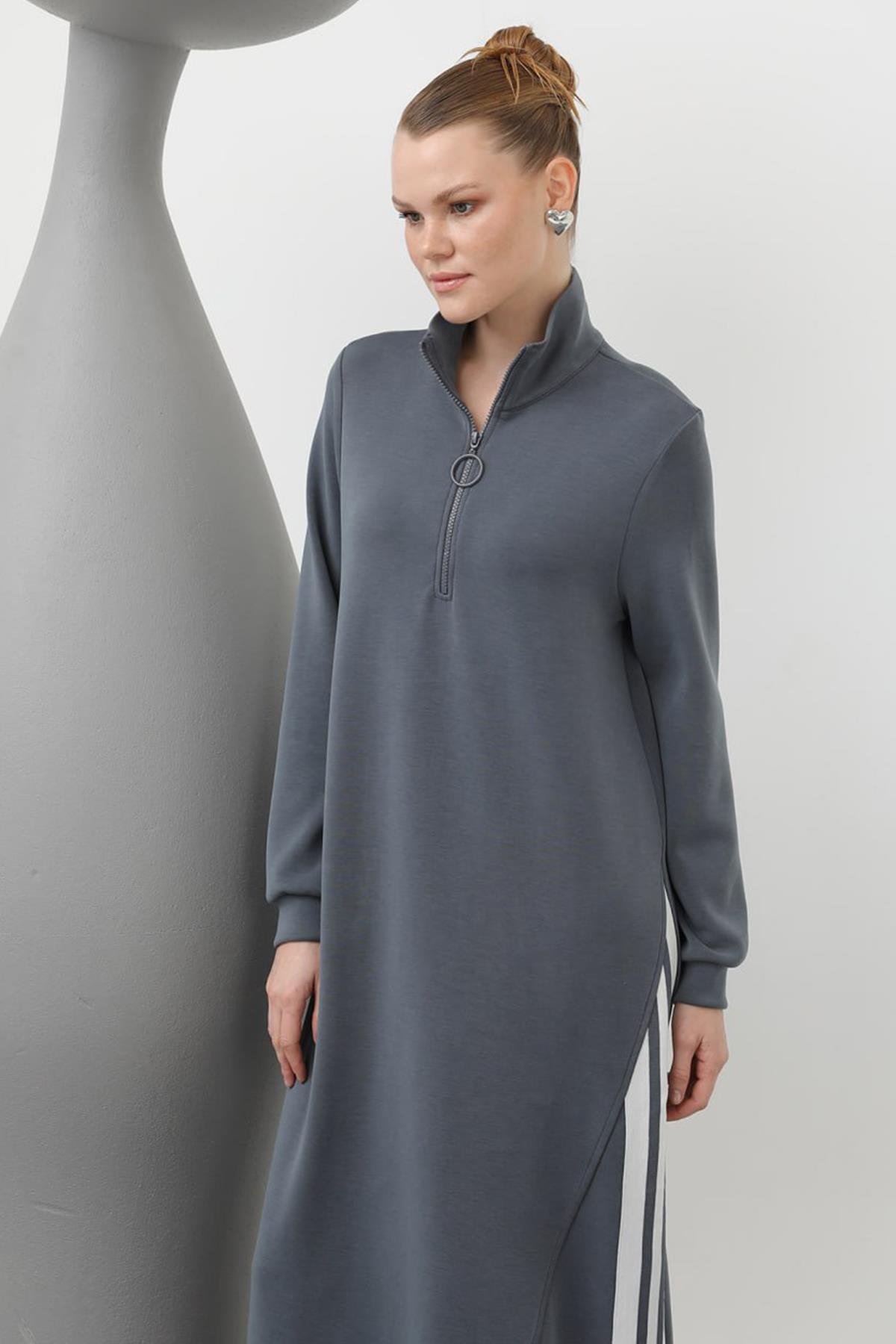 Fermuarlı Şerit Detaylı Modal Elbise 20600 İndigo