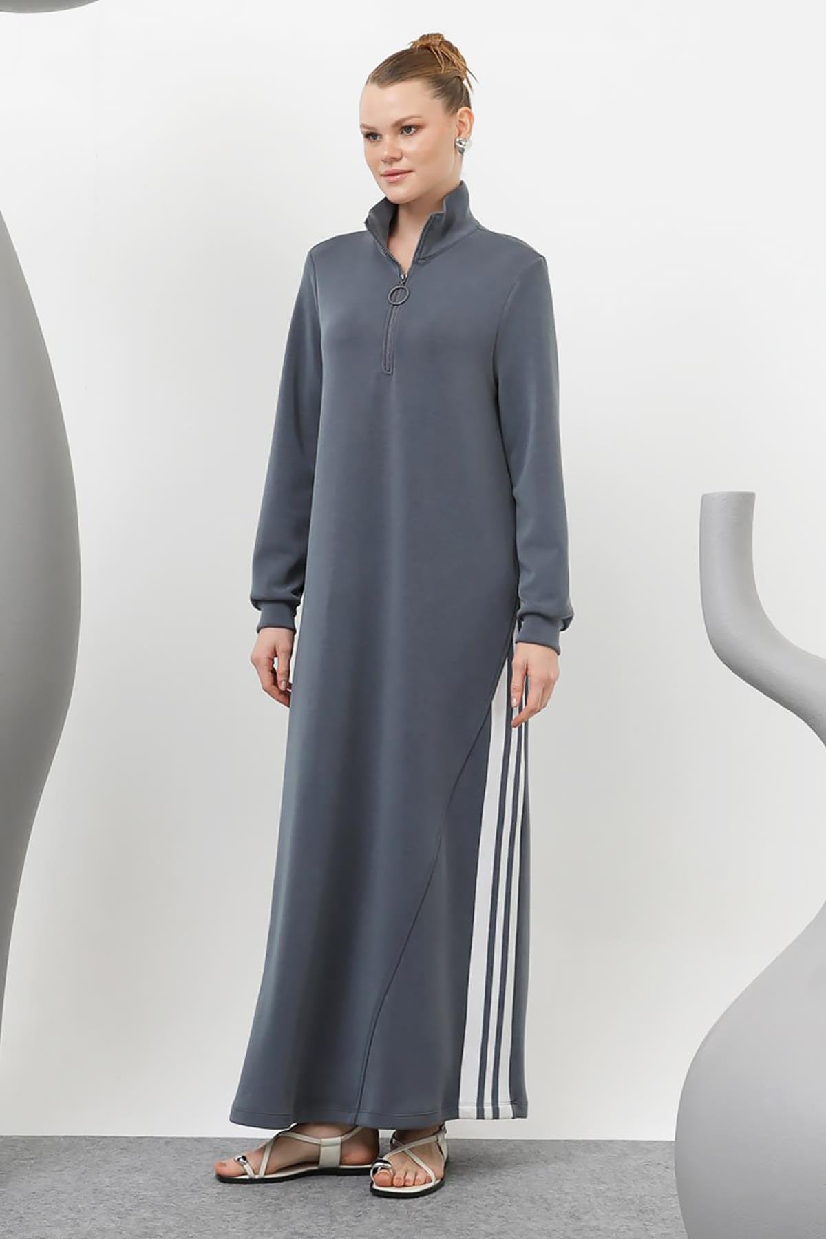 Fermuarlı Şerit Detaylı Modal Elbise 20600 İndigo