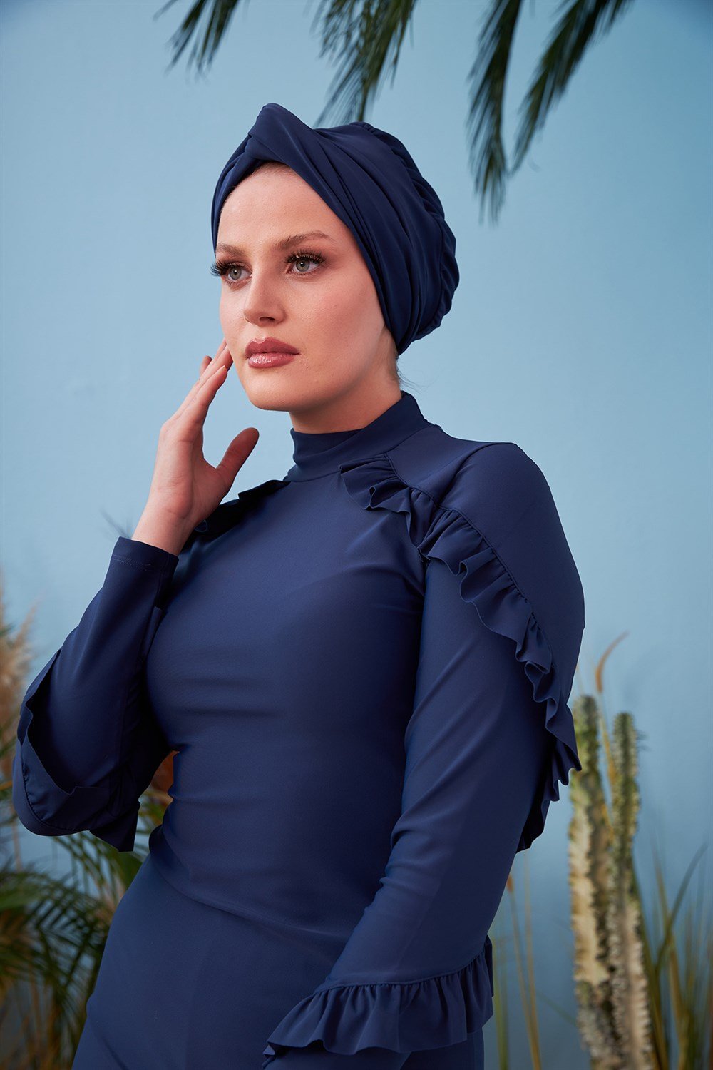 Fırfır Tasarım Likralı Tam Kapalı Tesettür Mayo Fırfır 4104 Koyu Lacivert