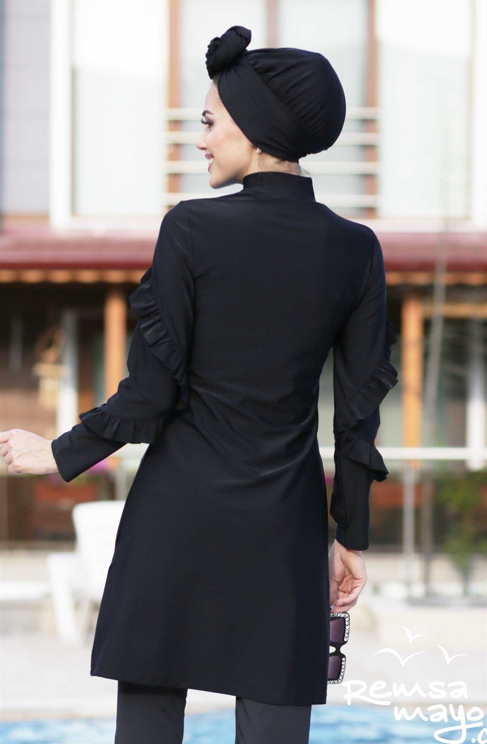 Fırfır Tasarım Likralı Tam Kapalı Tesettür Mayo Fırfır 4104 Siyah