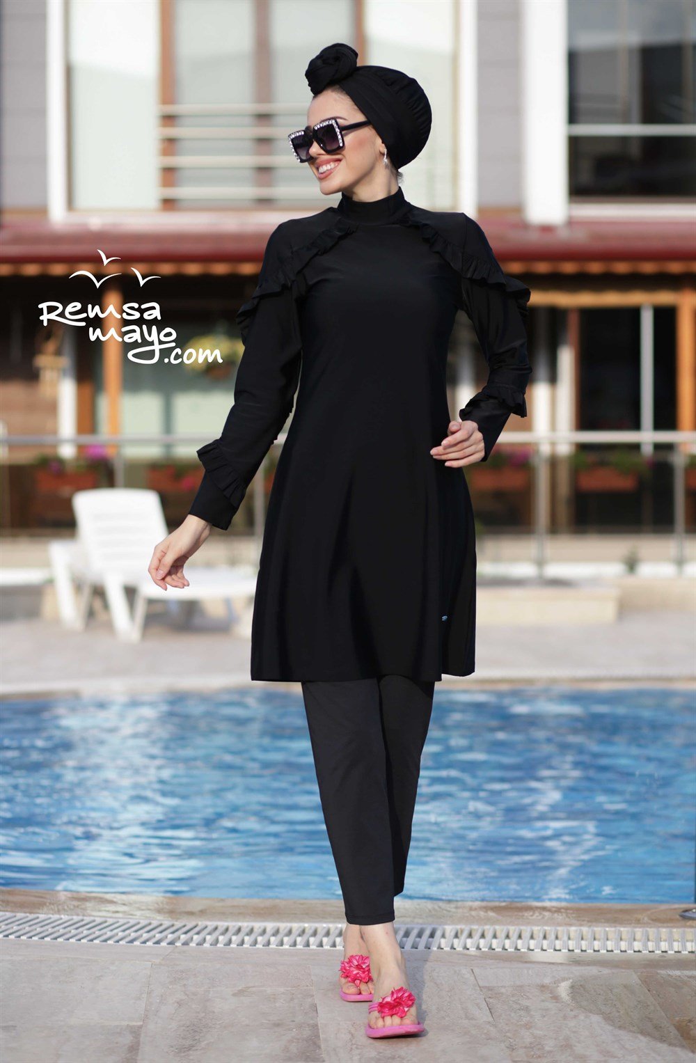 Fırfır Tasarım Likralı Tam Kapalı Tesettür Mayo Fırfır 4104 Siyah