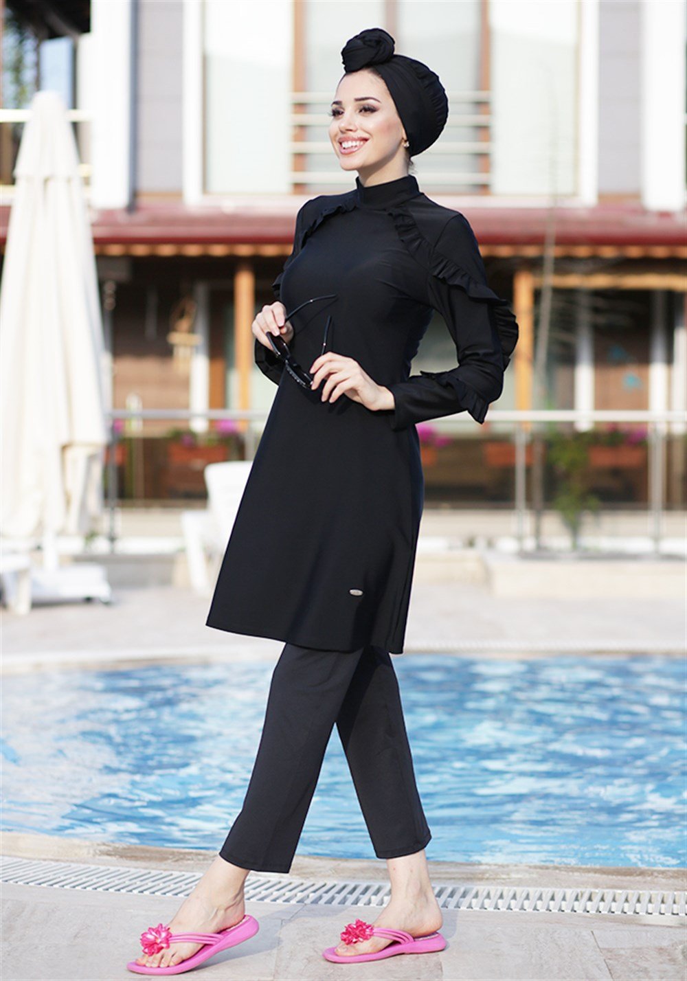 Fırfır Tasarım Likralı Tam Kapalı Tesettür Mayo Fırfır 4104 Siyah