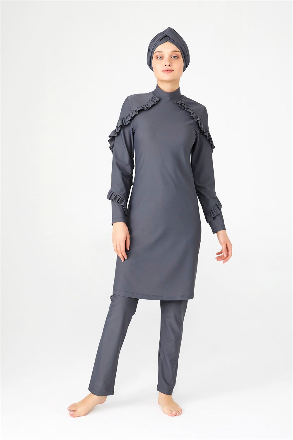 Fırfır Tasarım Likralı Tam Kapalı Tesettür Mayo Fırfır Adasea 4104 Gri