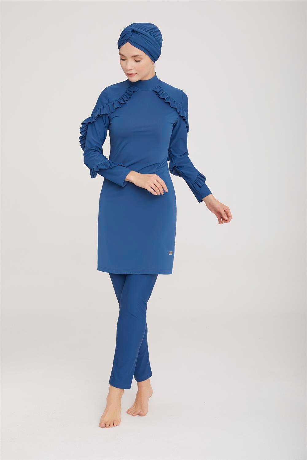 Fırfır Tasarım Likralı Tam Kapalı Tesettür Mayo Mırına 4104 Petrol