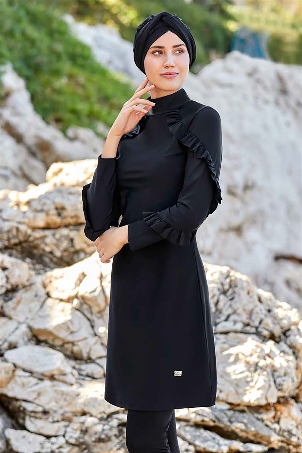 Fırfır Tasarım Likralı Tam Kapalı Tesettür Mayo Fırfır Adasea 4104 Siyah