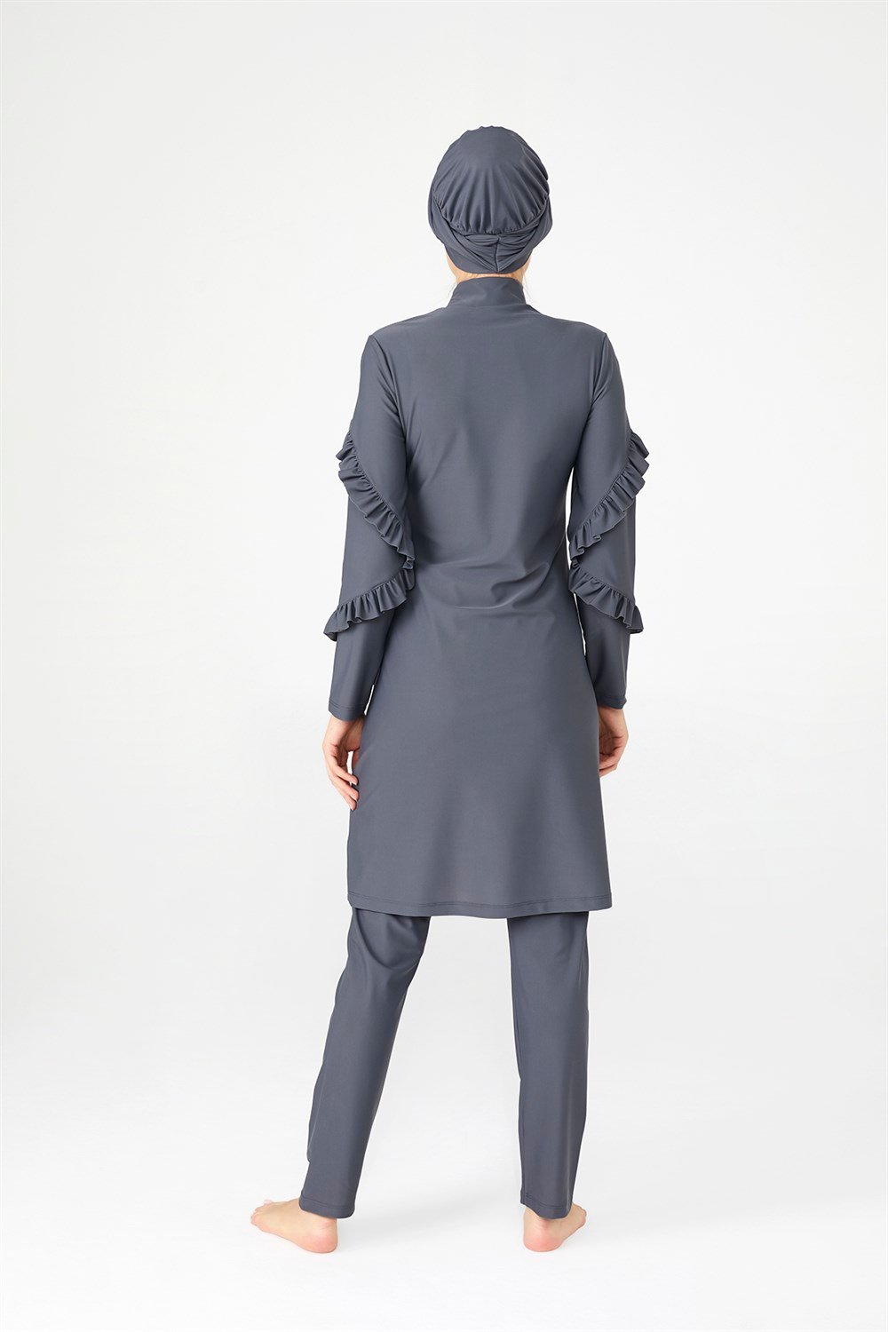 Fırfır Tasarım Likralı Tam Kapalı Tesettür Mayo Fırfır Adasea 4104 Gri