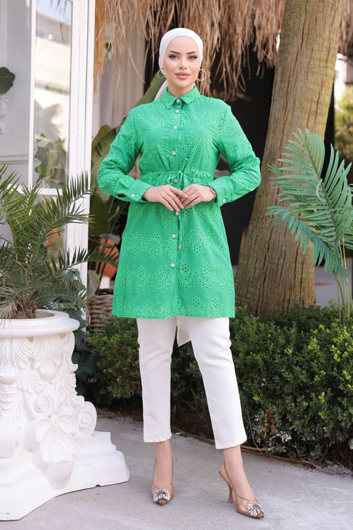 Fisto Tunik Taş Düğme Detaylı Gömlek 1415 Yeşil