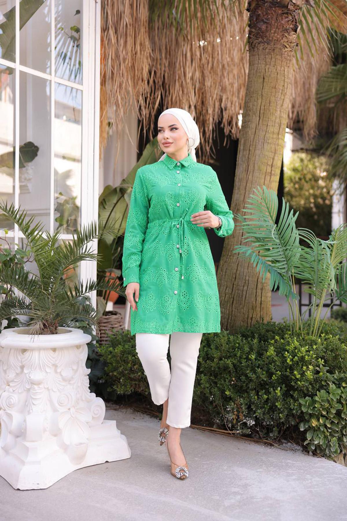 Fisto Tunik Taş Düğme Detaylı Gömlek 1415 Yeşil