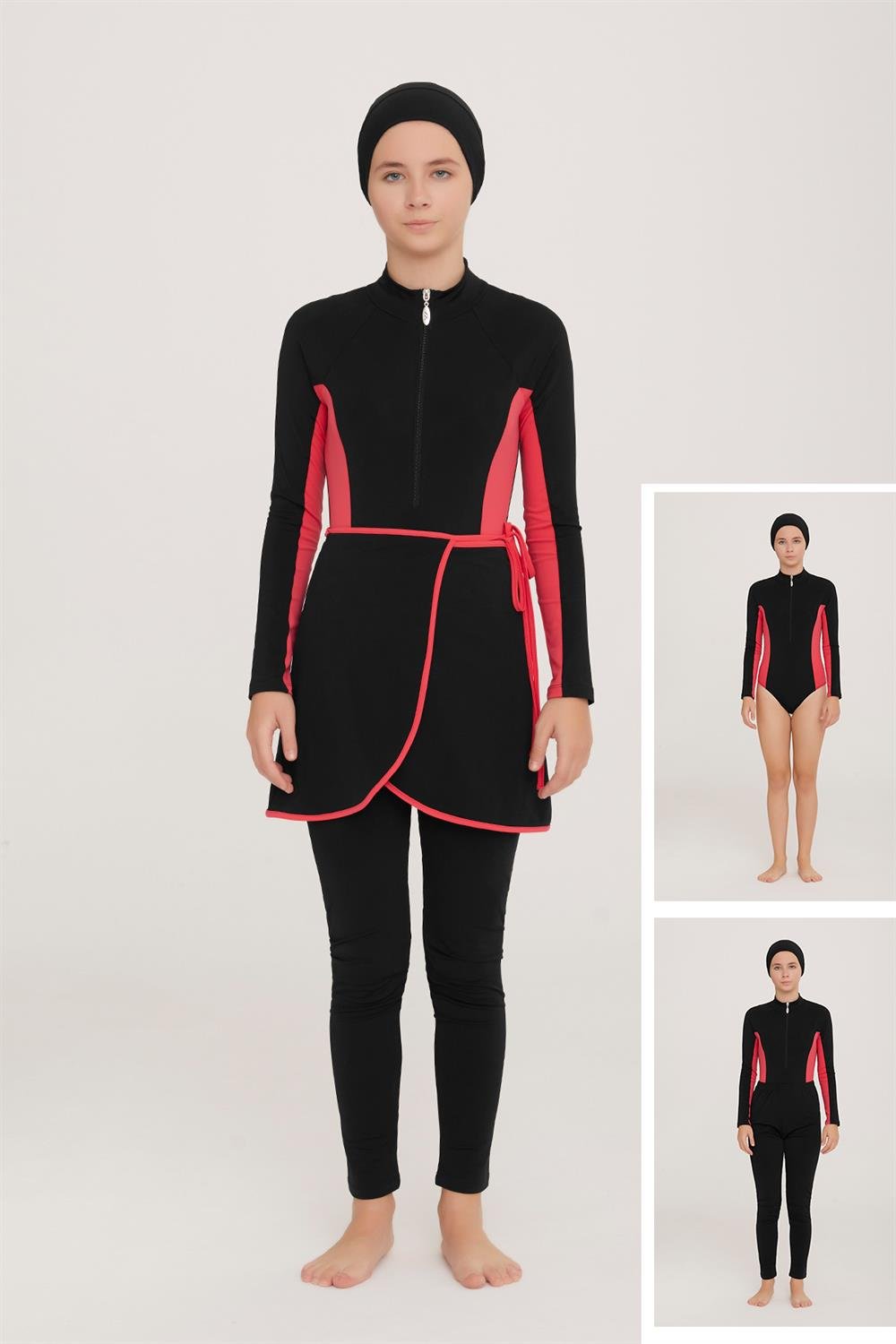 Genç 3 Farklı Şekilde Giyilebilir Tam Kapalı Likralı Tesettür Mayo Novas 5903 Siyah Remsa Mayo