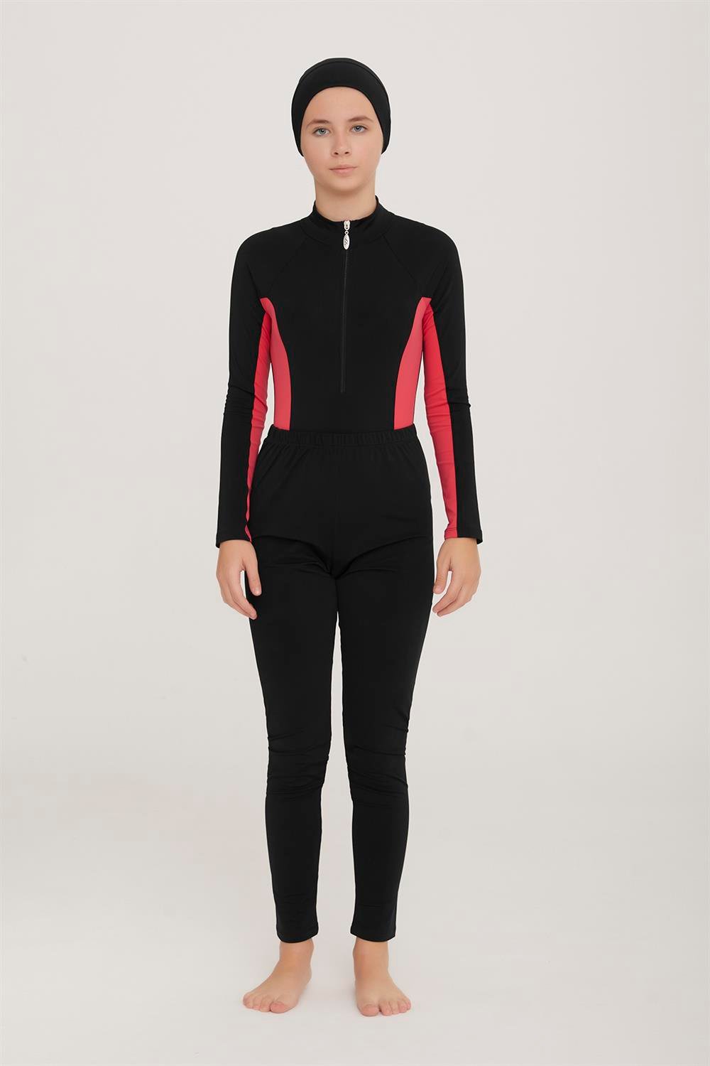 Genç 3 Farklı Şekilde Giyilebilir Tam Kapalı Likralı Tesettür Mayo Novas 5903 Siyah Remsa Mayo