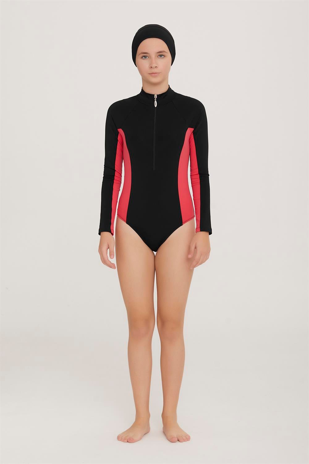 Genç 3 Farklı Şekilde Giyilebilir Tam Kapalı Likralı Tesettür Mayo Novas 5903 Siyah Remsa Mayo