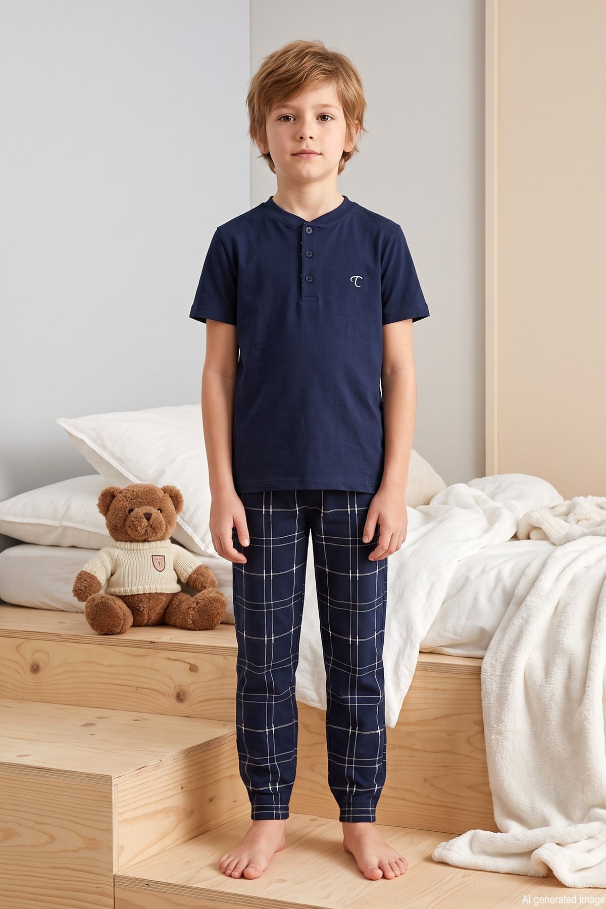 Genç Erkek Çocuk Kısa Kol Şortlu Pijama Takımı 4371 Lacivert03
