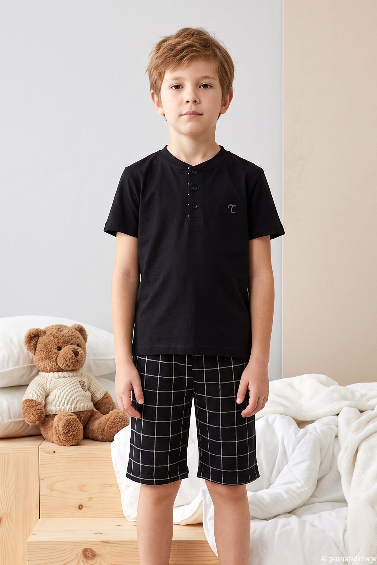 Genç Erkek Çocuk Kısa Kol Şortlu Pijama Takımı 4367 Siyah01
