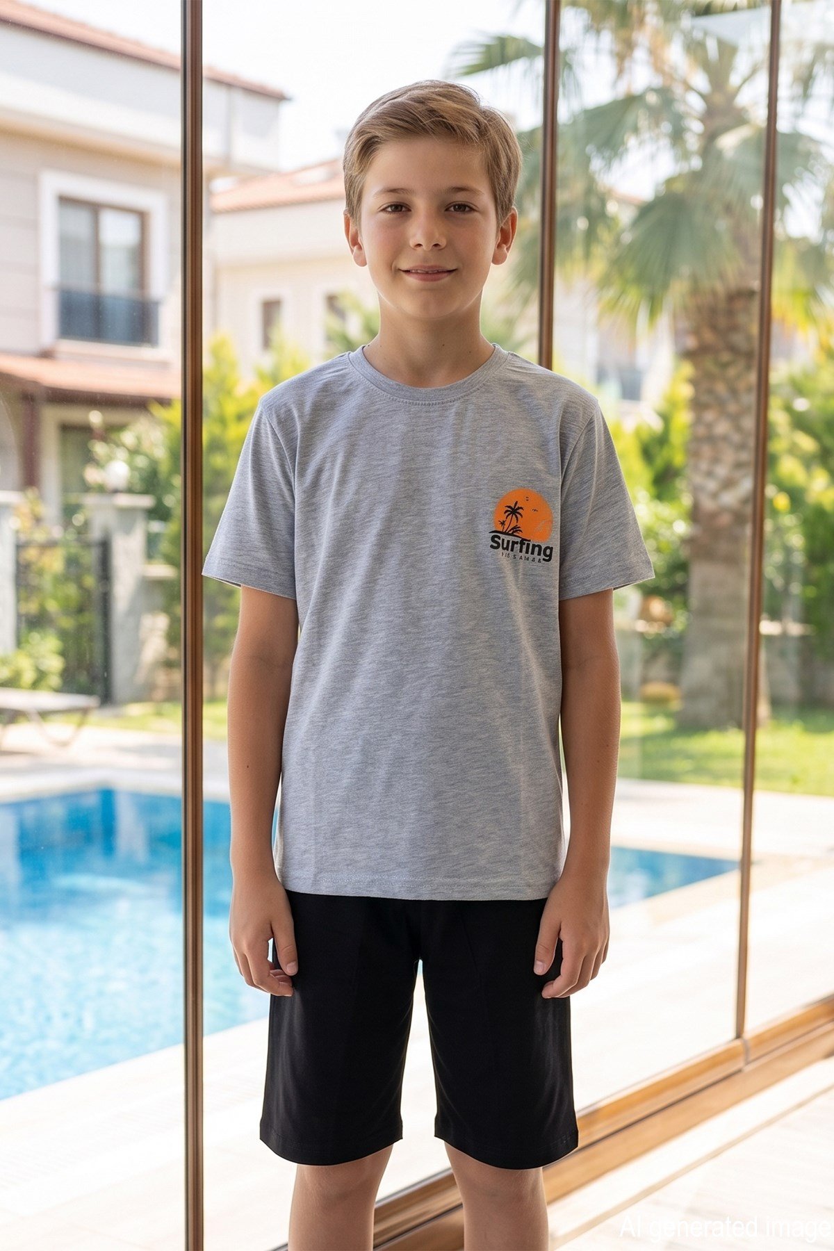 Genç Erkek Çocuk Kısa Kol Şortlu Pijama Takımı 4357 Gri02