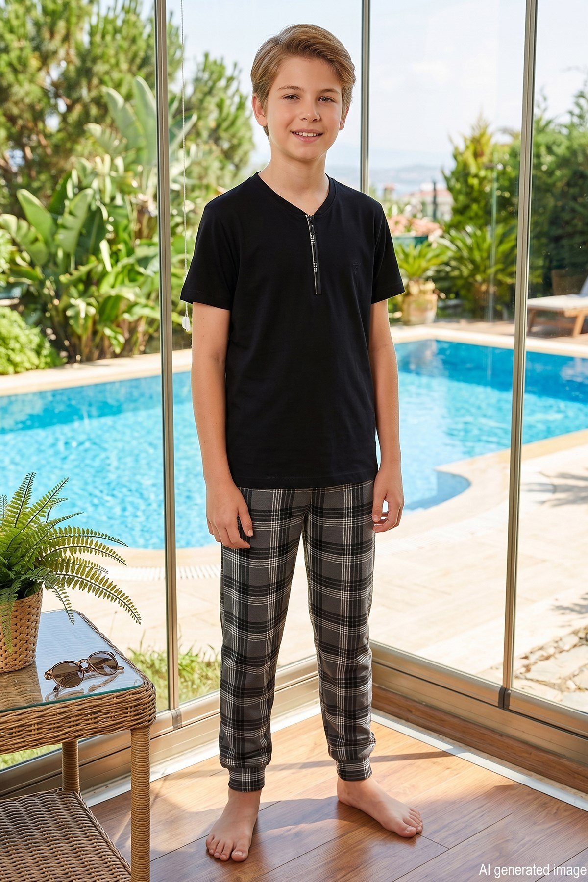 Genç Erkek Çocuk Kısa Kol Şortlu Pijama Takımı 4377 Siyah