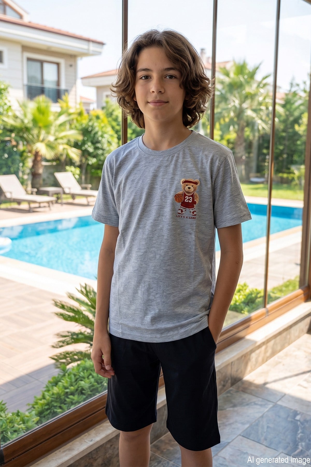 Genç Erkek Çocuk Kısa Kol Şortlu Pijama Takımı 4349 Gri01