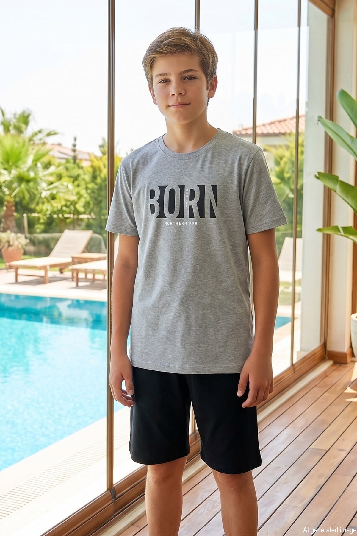 Genç Erkek Çocuk Kısa Kol Şortlu Pijama Takımı 4353 Gri03