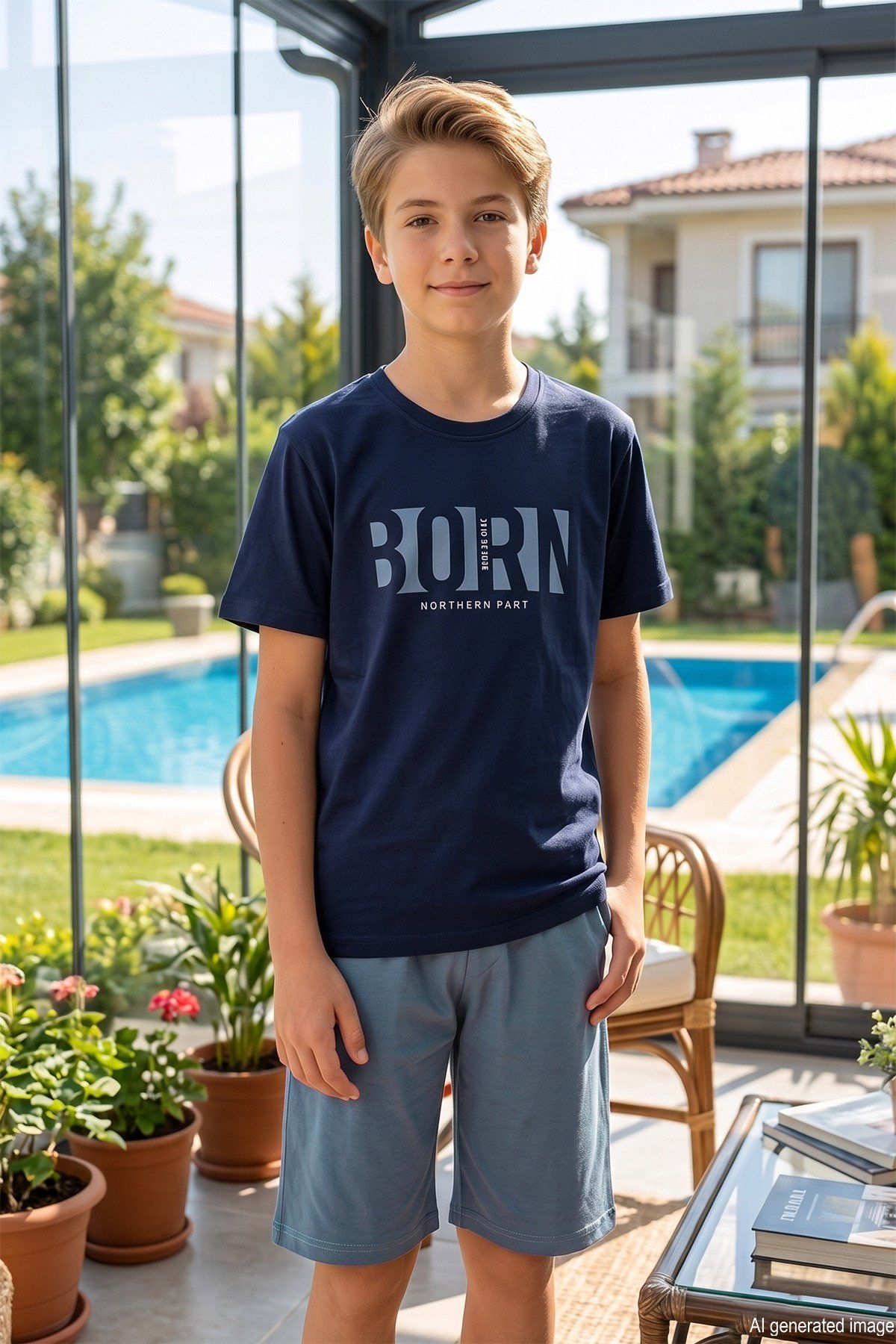 Genç Erkek Çocuk Kısa Kol Şortlu Pijama Takımı 4353 Lacivert