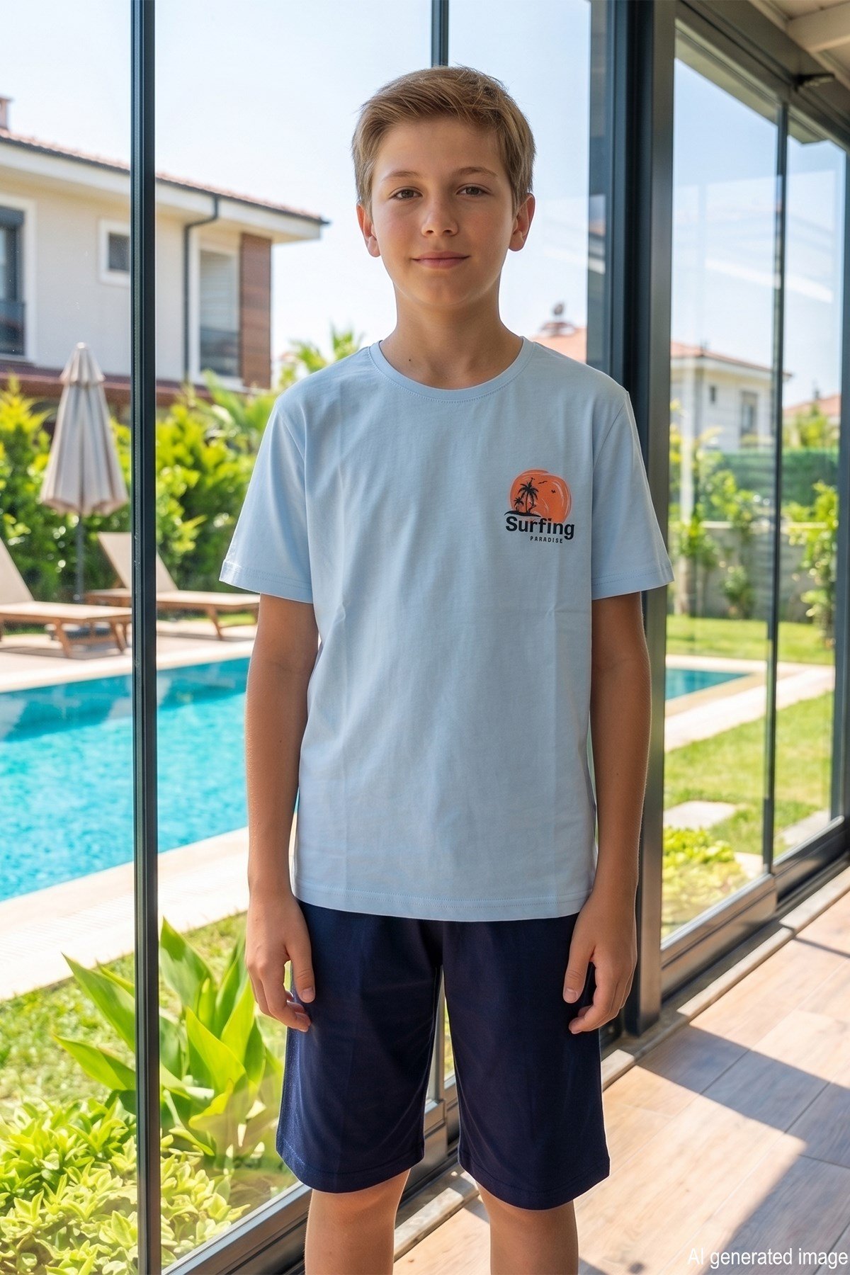 Genç Erkek Çocuk Kısa Kol Şortlu Pijama Takımı 4357 Açık Mavi