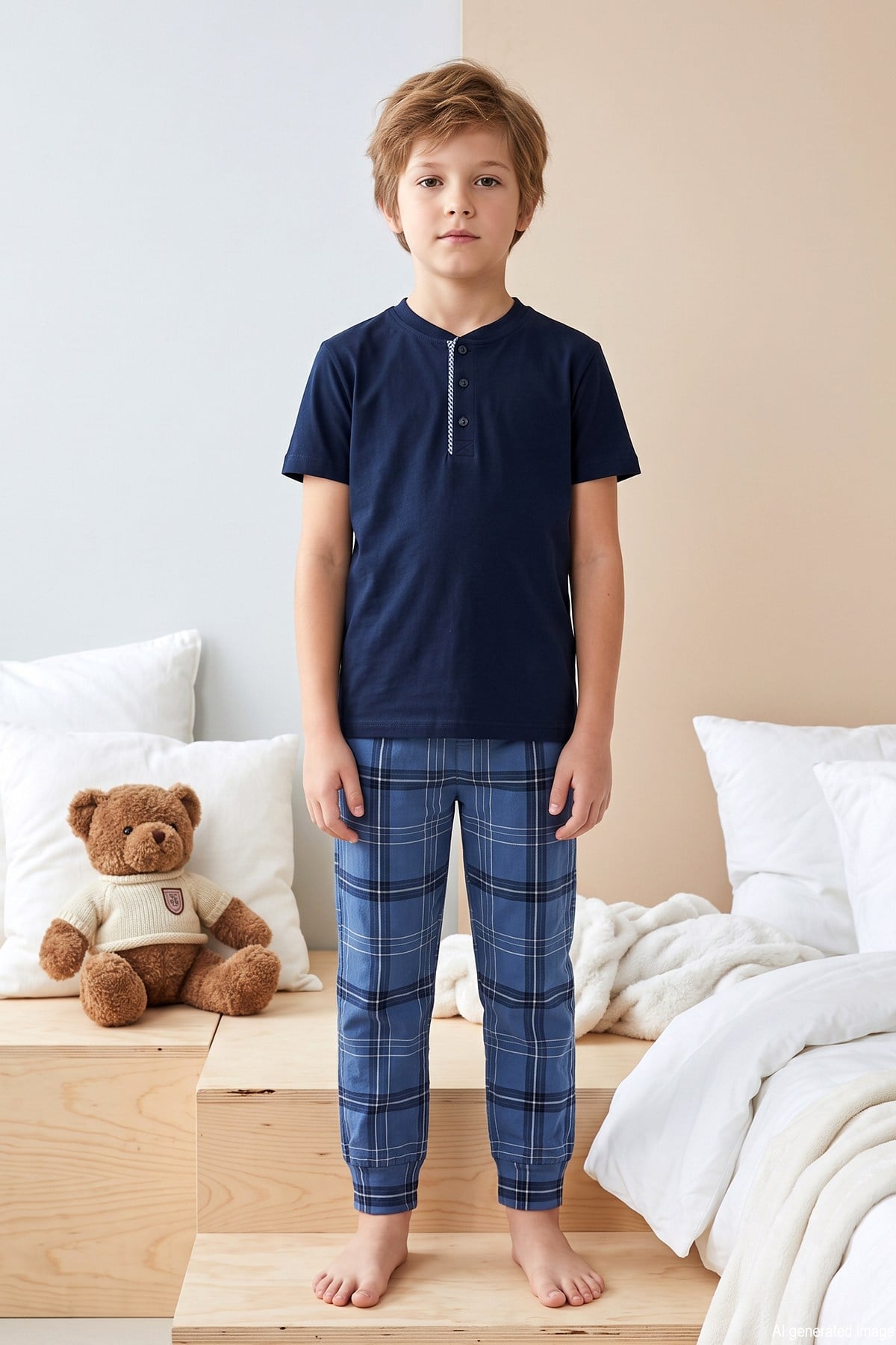 Genç Erkek Çocuk Kısa Kol Şortlu Pijama Takımı 4374 Lacivert02