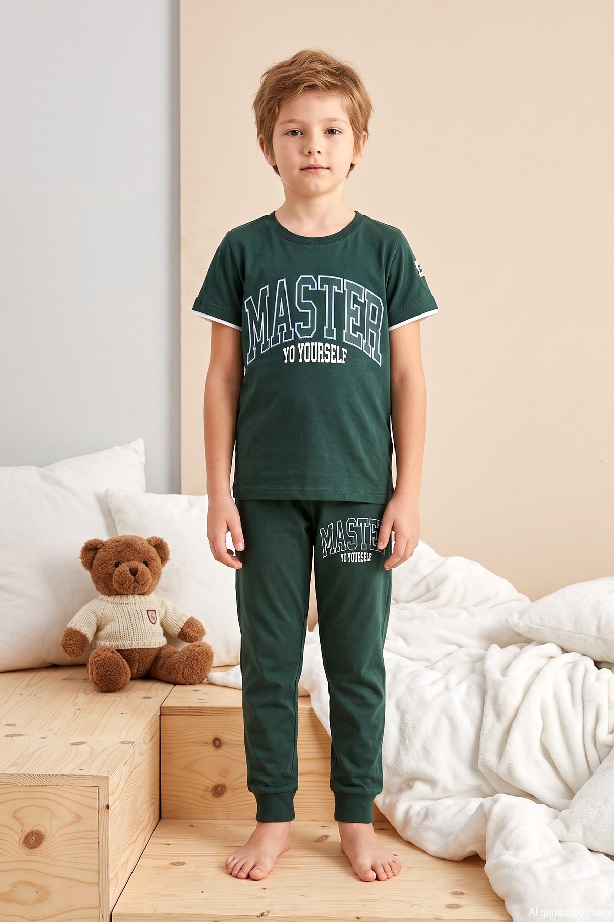 Genç Erkek Çocuk Kısa Kol Şortlu Pijama Takımı 3617 Zümrüt01
