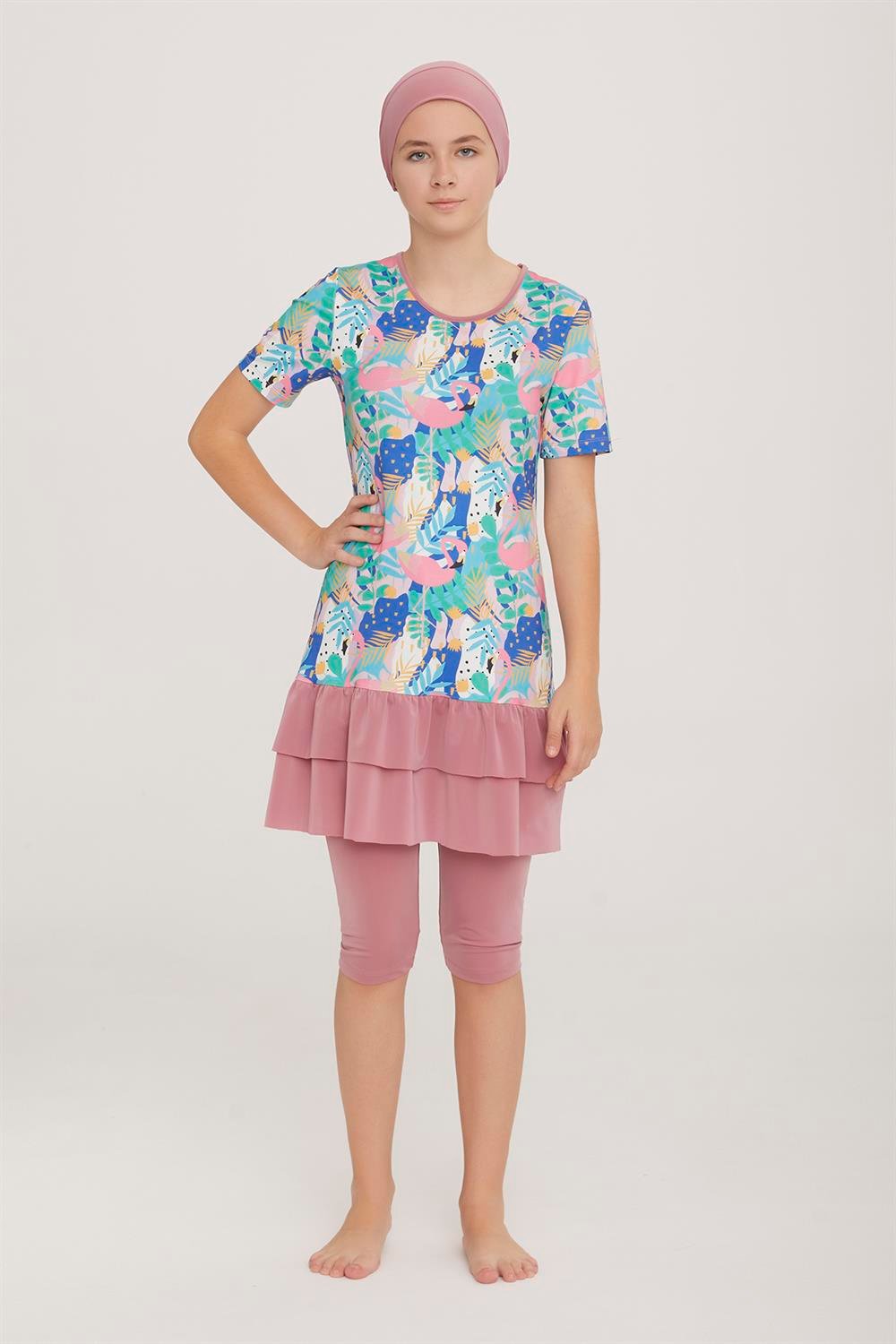 Genç Kısa Kollu Yarı Kapalı Tesettür Mayo Sney 1 8128 Gül Kurusu Remsa Mayo