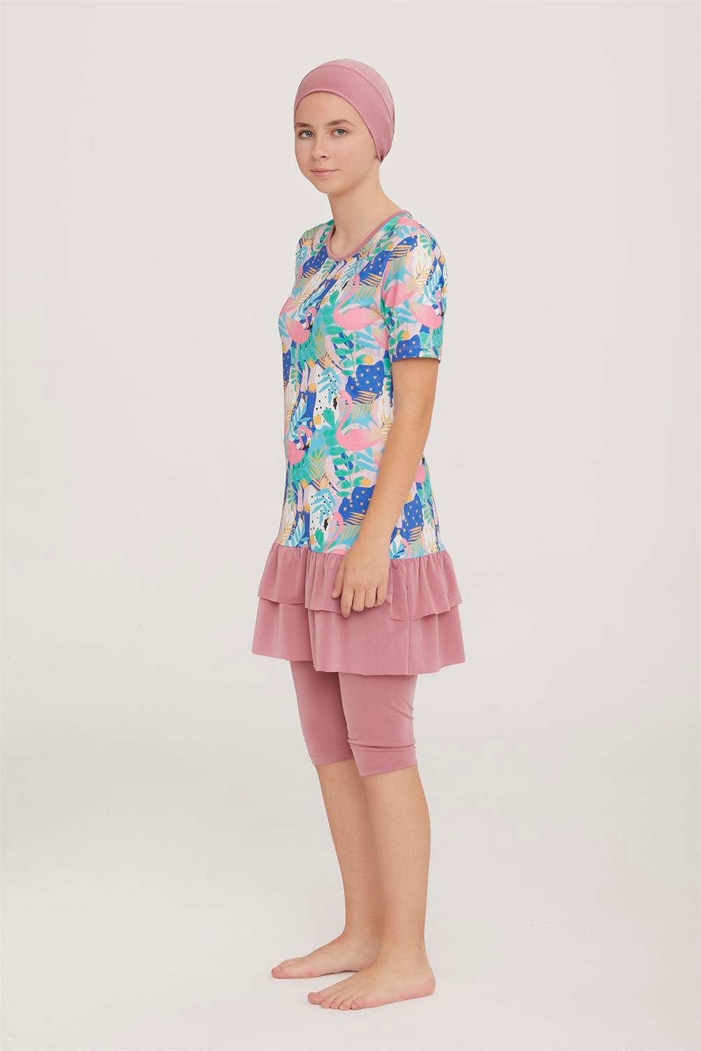 Genç Kısa Kollu Yarı Kapalı Tesettür Mayo Sney 1 8128 Gül Kurusu Remsa Mayo