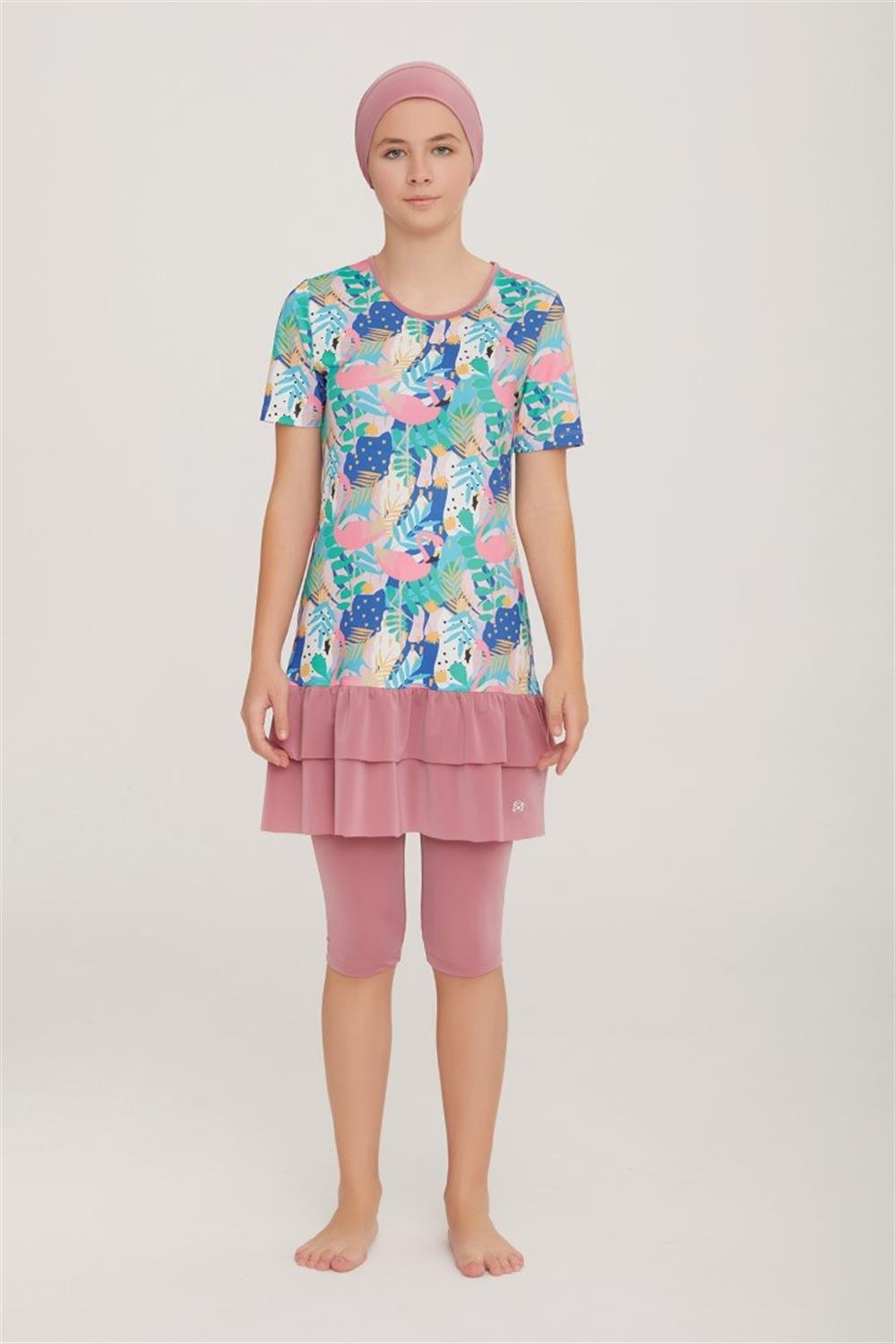 Genç Kısa Kollu Yarı Kapalı Tesettür Mayo Sney 1 8128 Gül Kurusu Remsa Mayo