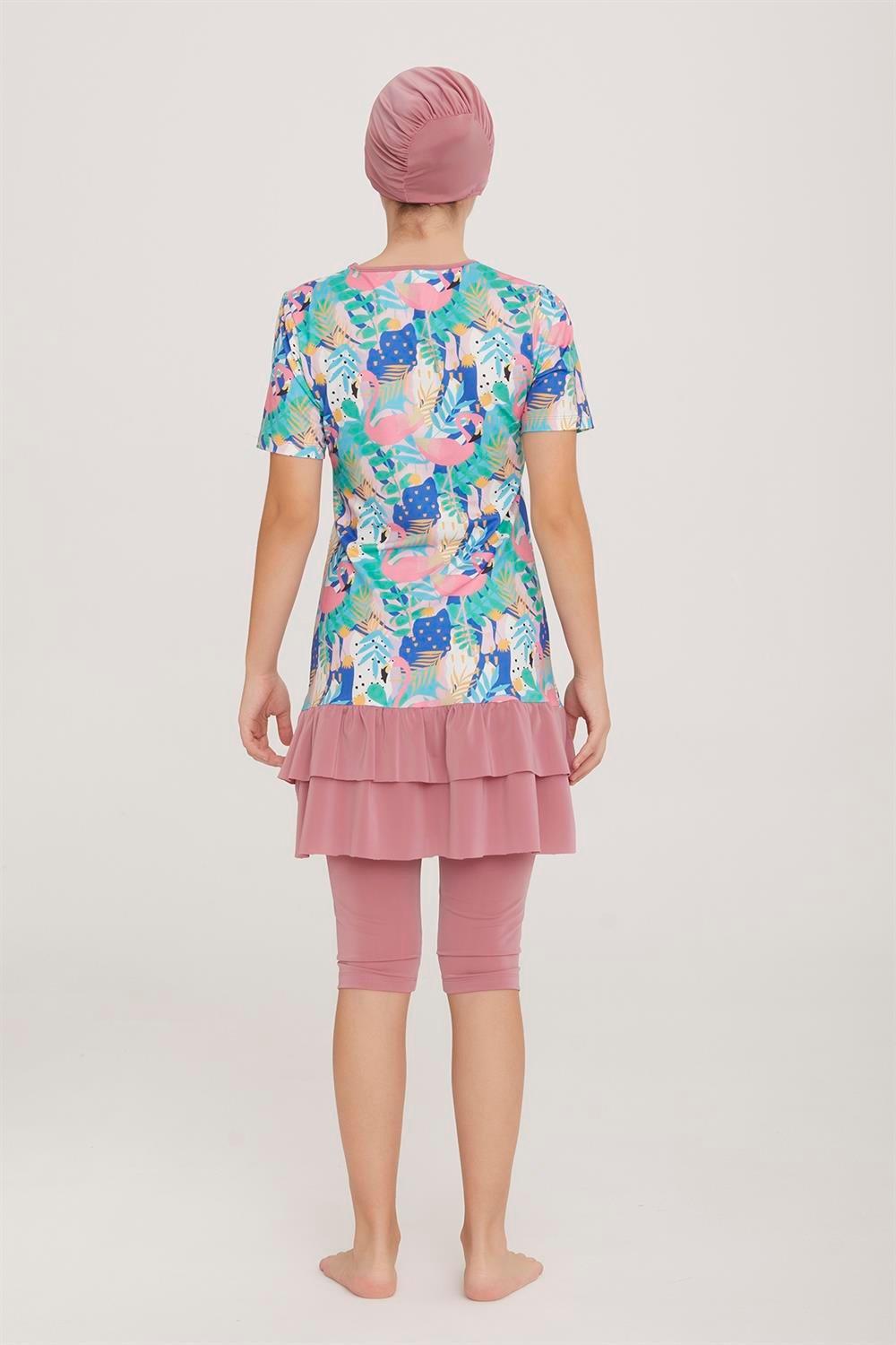 Genç Kısa Kollu Yarı Kapalı Tesettür Mayo Sney 1 8128 Gül Kurusu Remsa Mayo