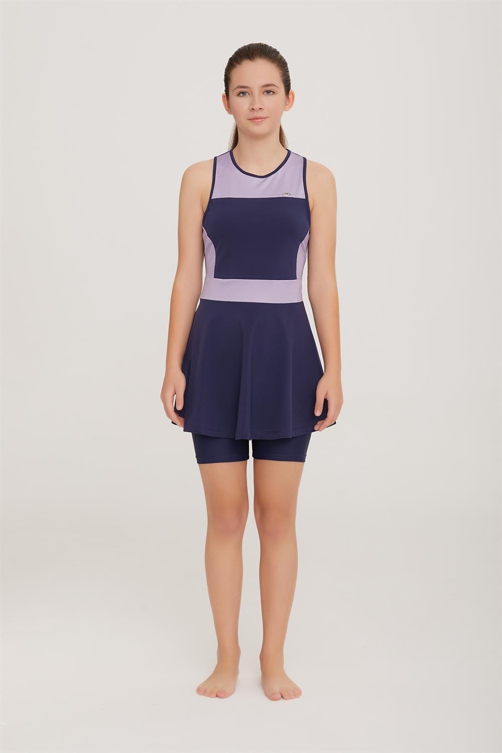 Genç Kolsuz Şortlu Yarı Kapalı Likralı Elbise Tesettür Mayo Nunny 5909 Lila Remsa Mayo