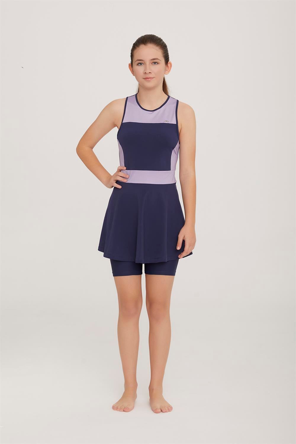 Genç Kolsuz Şortlu Yarı Kapalı Likralı Elbise Tesettür Mayo Nunny 5909 Lila Remsa Mayo