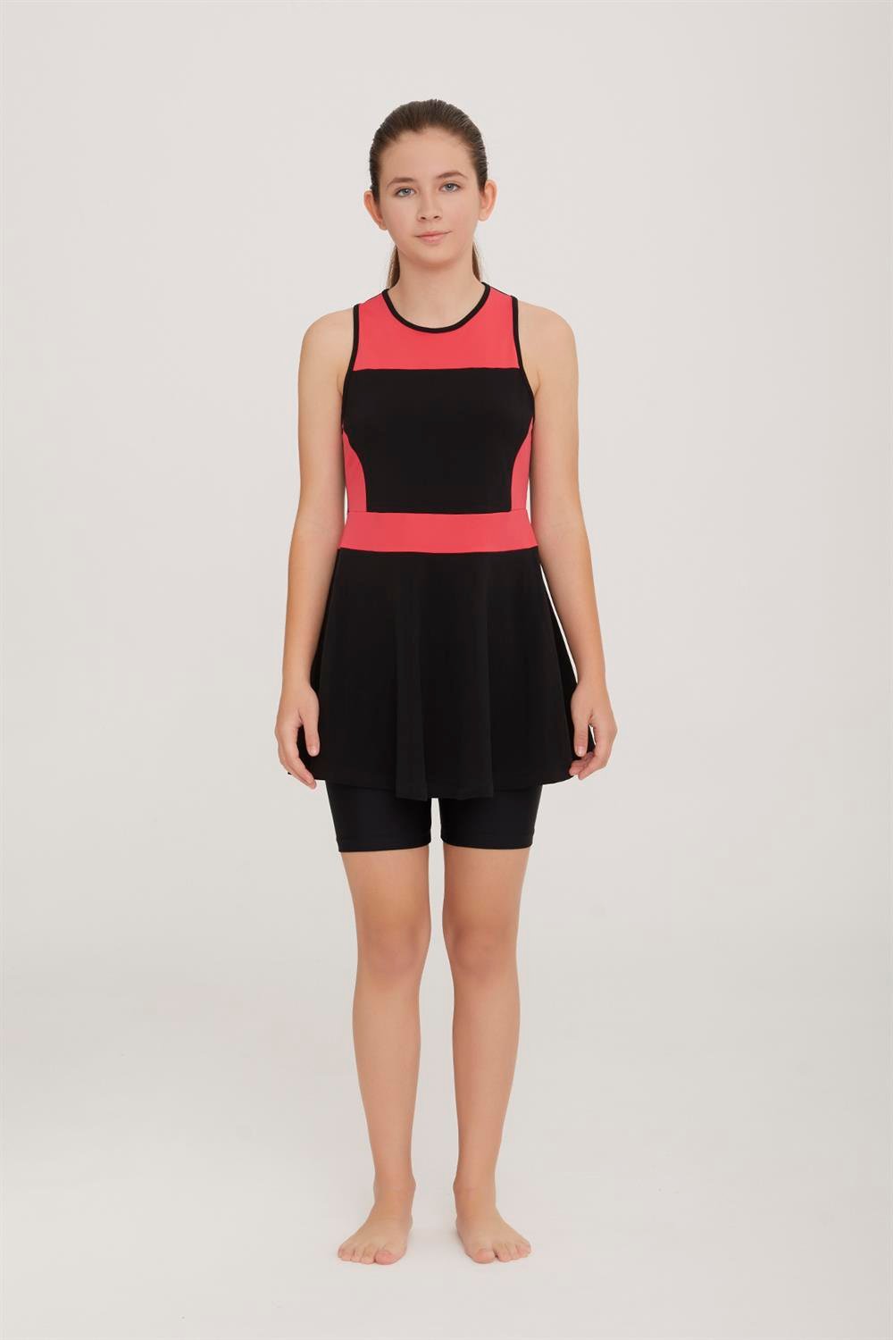 Genç Kolsuz Şortlu Yarı Kapalı Likralı Elbise Tesettür Mayo Nunny 5909 Mercan Remsa Mayo