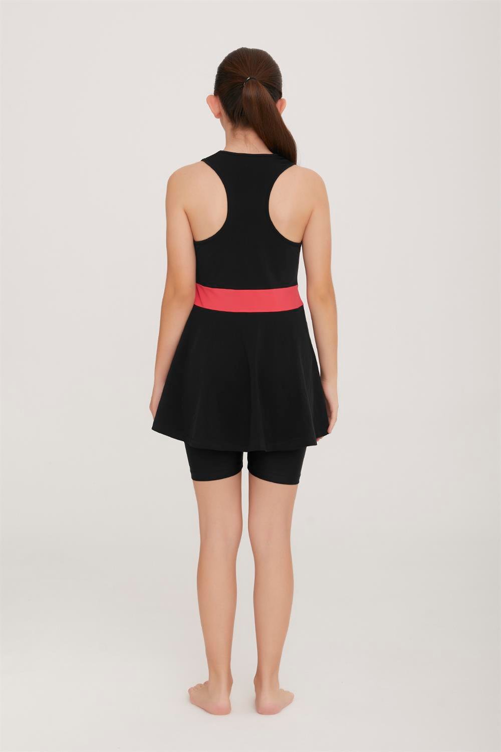 Genç Kolsuz Şortlu Yarı Kapalı Likralı Elbise Tesettür Mayo Nunny 5909 Mercan Remsa Mayo