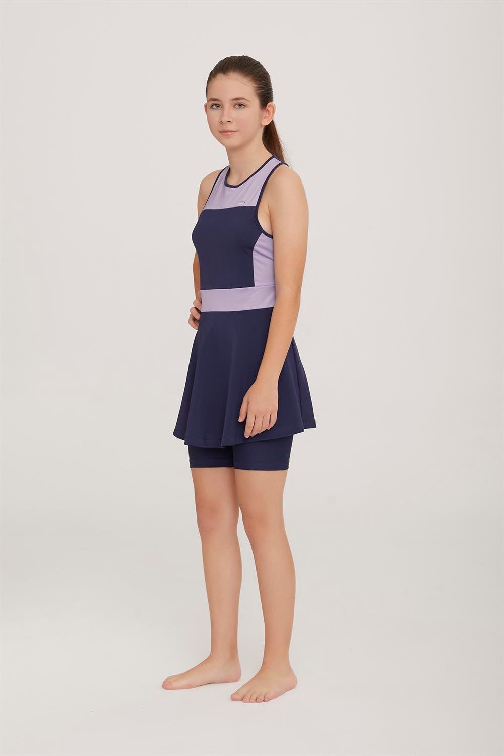 Genç Kolsuz Şortlu Yarı Kapalı Likralı Elbise Tesettür Mayo Nunny 5909 Lila Remsa Mayo