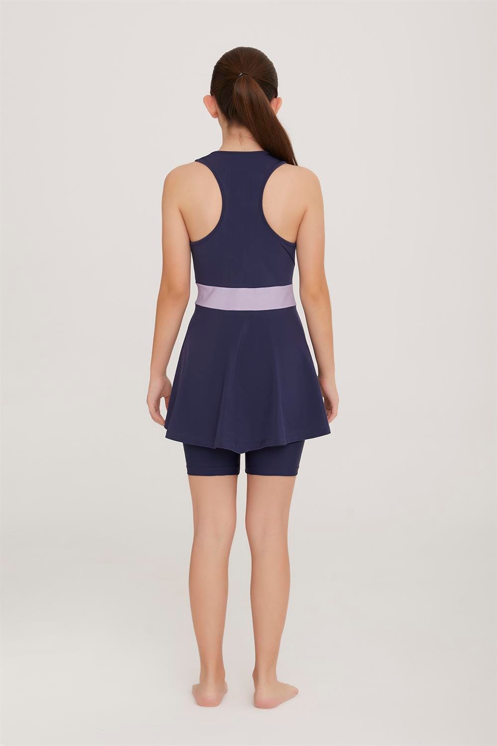 Genç Kolsuz Şortlu Yarı Kapalı Likralı Elbise Tesettür Mayo Nunny 5909 Lila Remsa Mayo