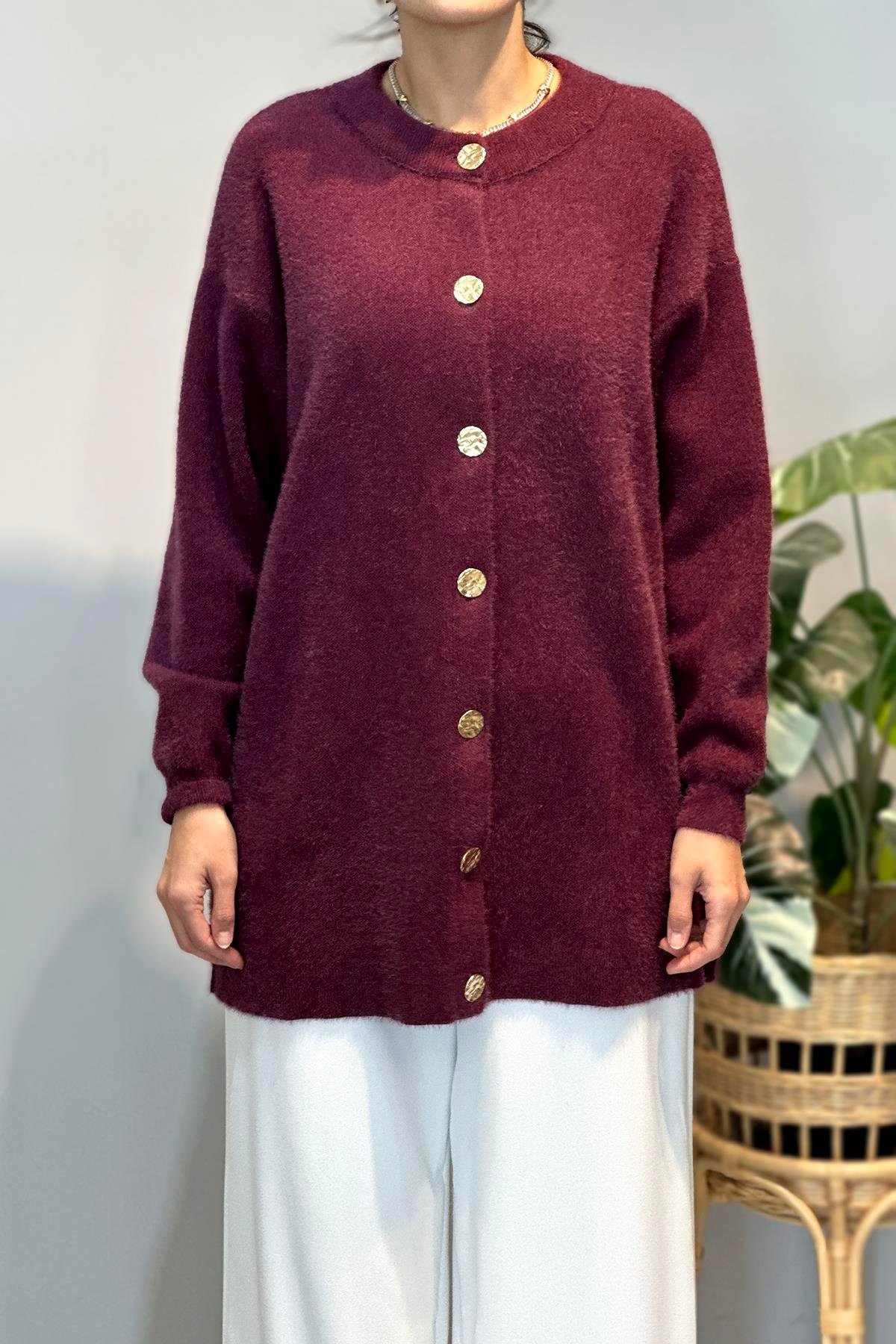 Gold Düğme Detay Hırka 25008 Mürdüm