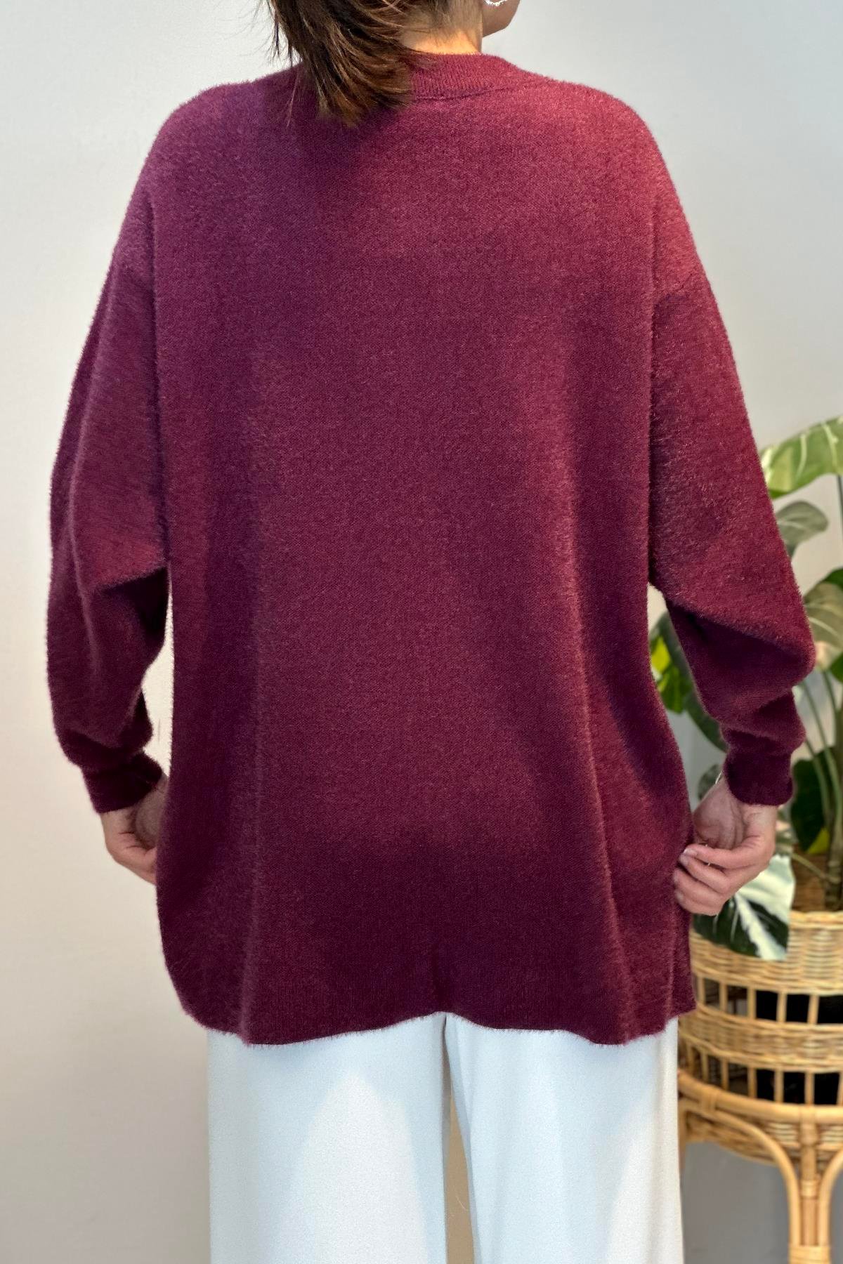 Gold Düğme Detay Hırka 25008 Mürdüm