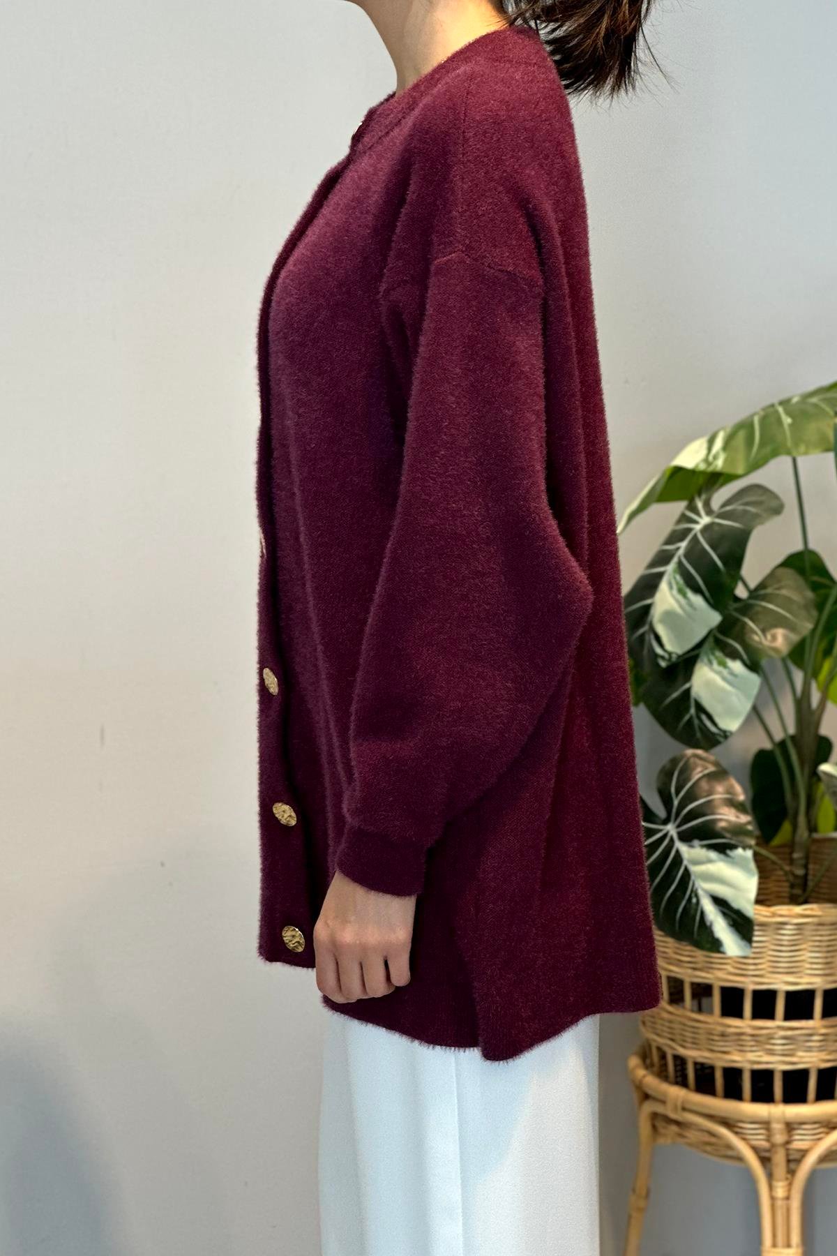 Gold Düğme Detay Hırka 25008 Mürdüm