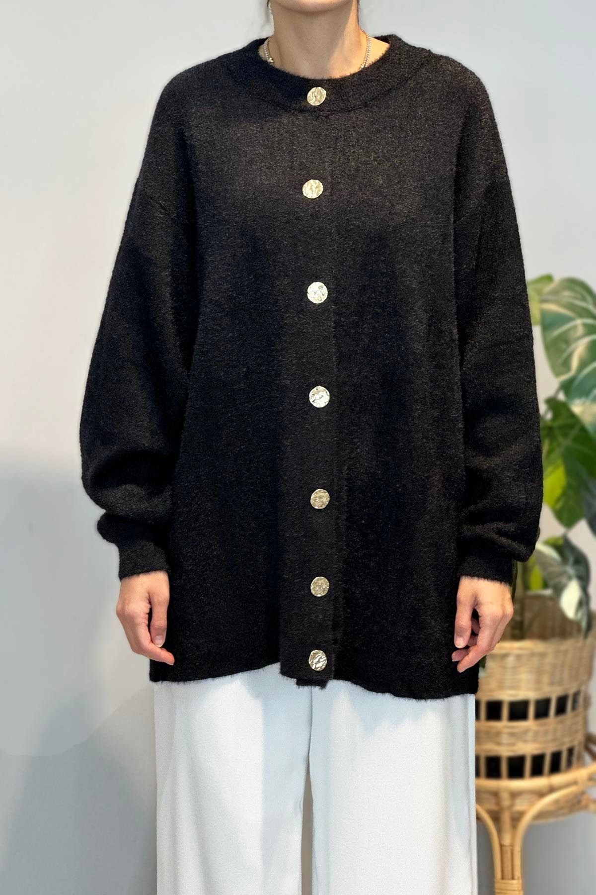 Gold Düğme Detay Hırka 25008 Siyah