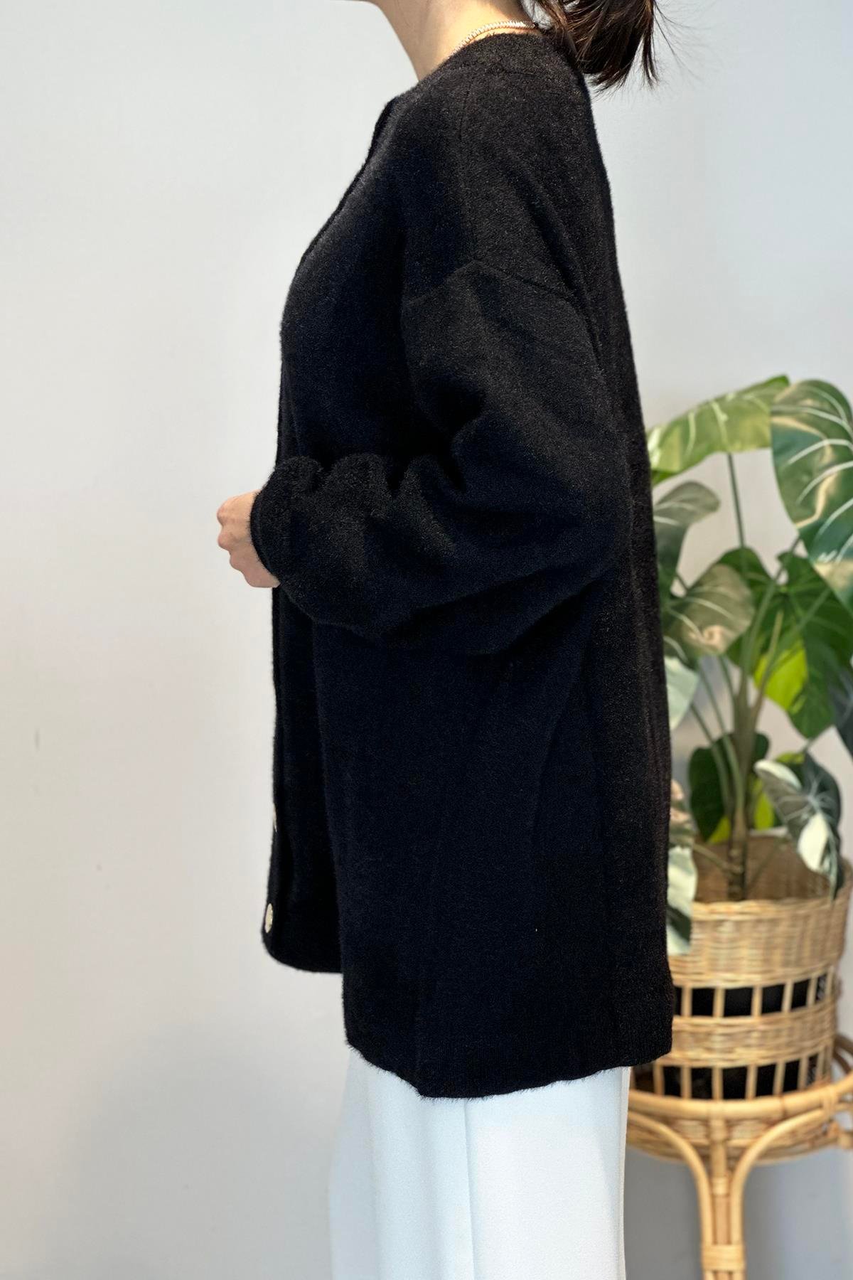 Gold Düğme Detay Hırka 25008 Siyah