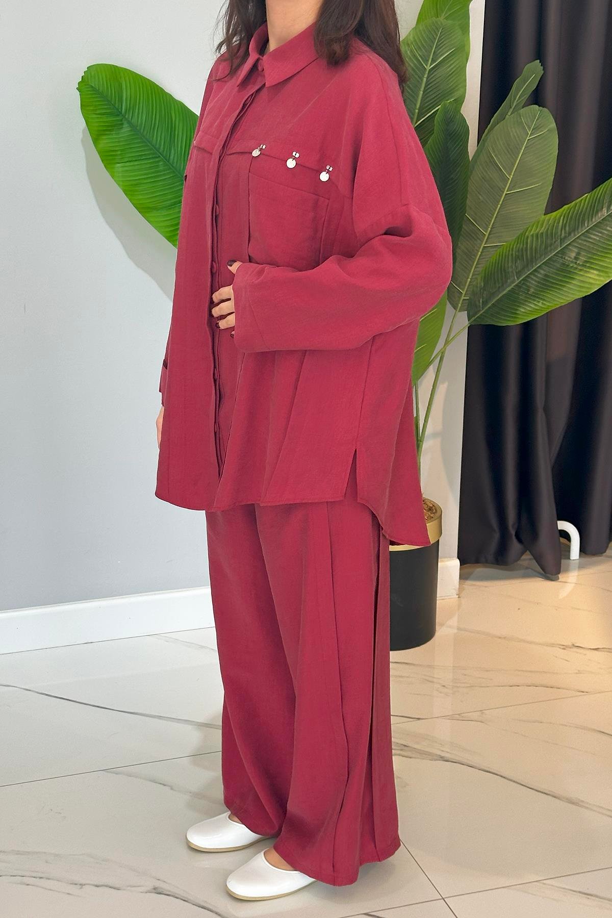 Gümüş Para İşlemeli Üstten Torba Cepli Pantolonlu Pasion Takım 5905 Kırmızı