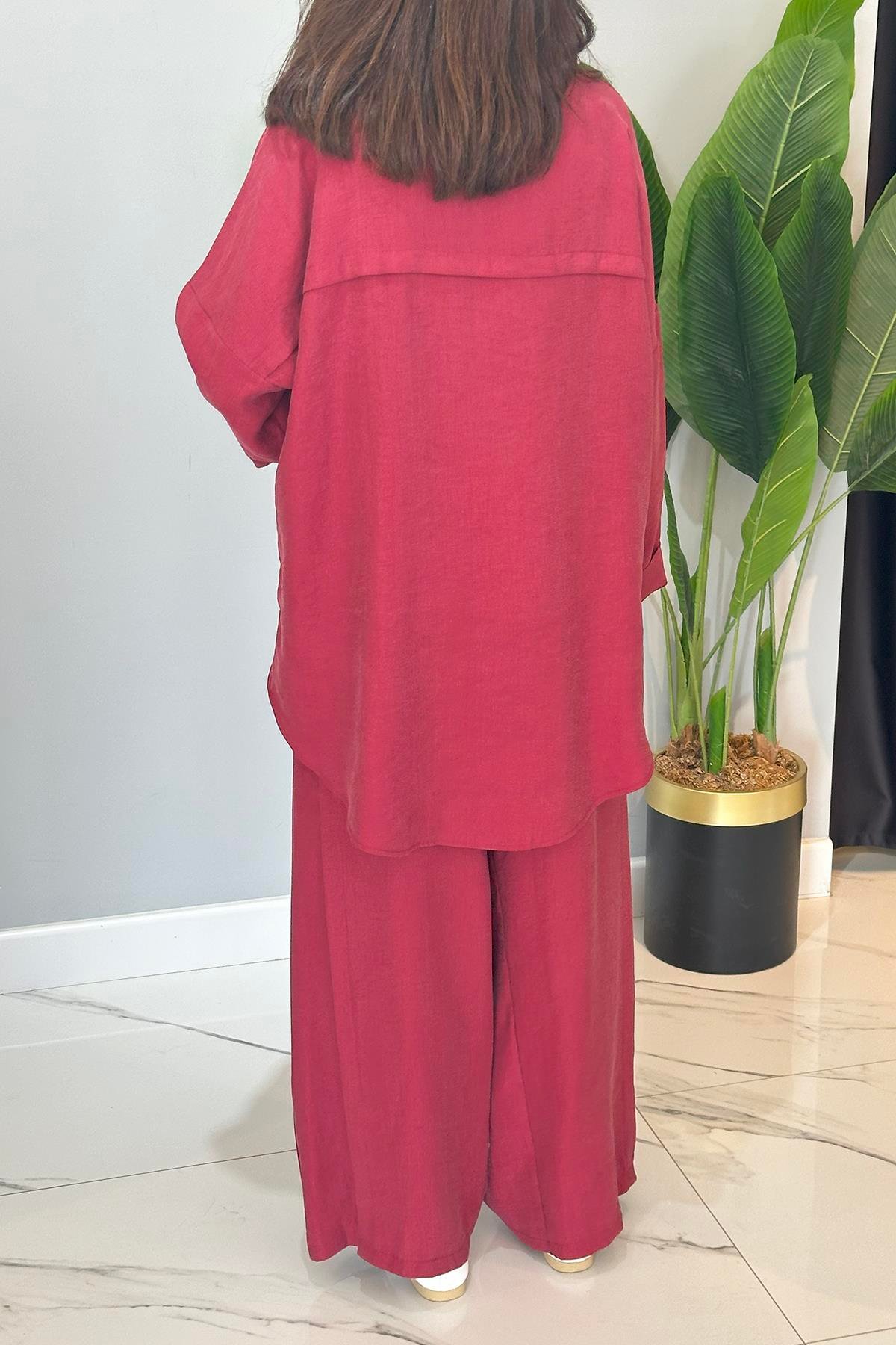 Gümüş Para İşlemeli Üstten Torba Cepli Pantolonlu Pasion Takım 5905 Kırmızı